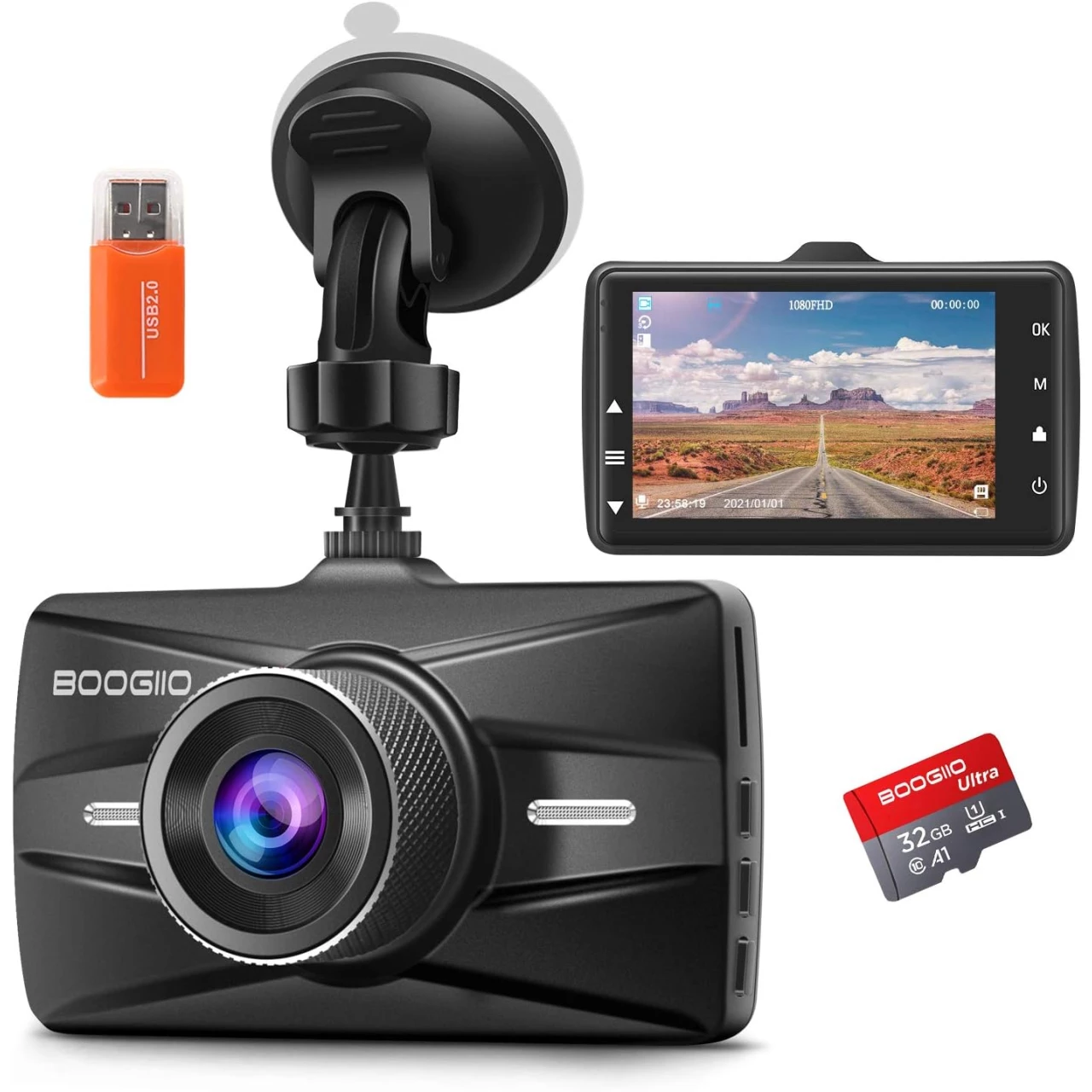 Dash Cam Front with 32G SD Card, BOOGIIO 1080P FHD Car Driving Recorder 3&rsquo;&rsquo; IPS Screen 170°Wide Angle Dashboard Camera Aluminum Alloy Case, WDR G-Sensor Parking Monitor Loop Recording Motion Detection