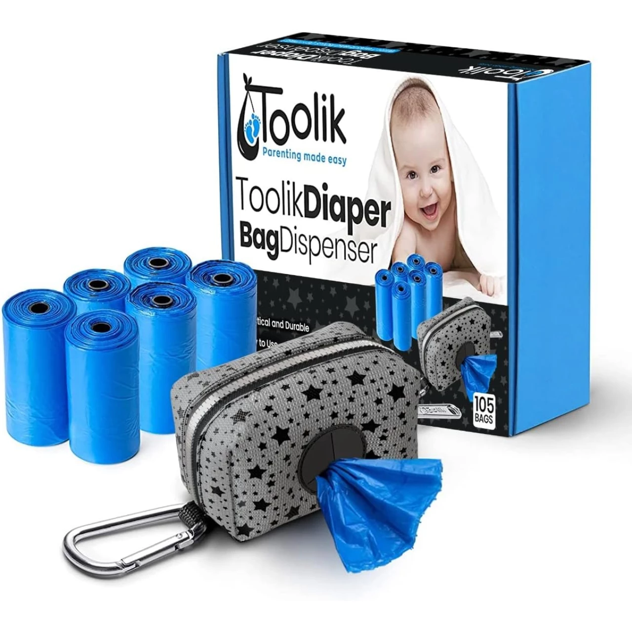 Toolik Diaper Bag Dispenser with 105 Disposable Unscented Waste Bags (7 Refill Rolls)