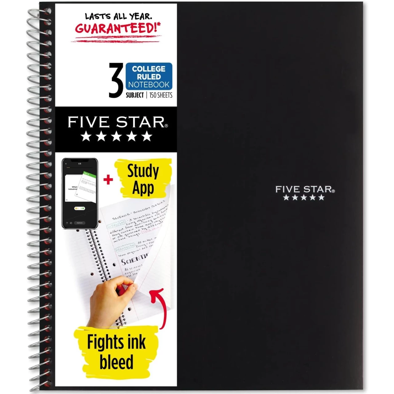 Five Star Spiral Notebook + Study App, 3-Subject, College Ruled Paper, Fights Ink Bleed, Water Resistant Cover, 8-1/2&quot; x 11&quot;, 150 Sheets, Black (72069)