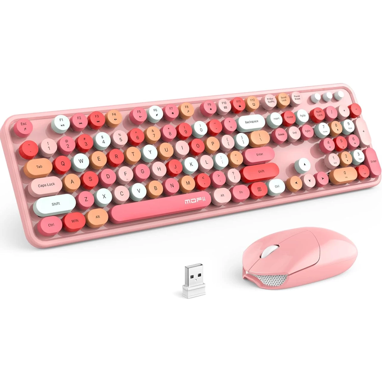 MOFII Wireless Keyboard and Mouse Combo, Pink Keyboard, 2.4GHz Retro Full Size with Number Pad &amp; Cute Wireless Mouse for Computer PC Laptop Notebook Mac Windows XP/7/8/10 (Pink-Colorful)