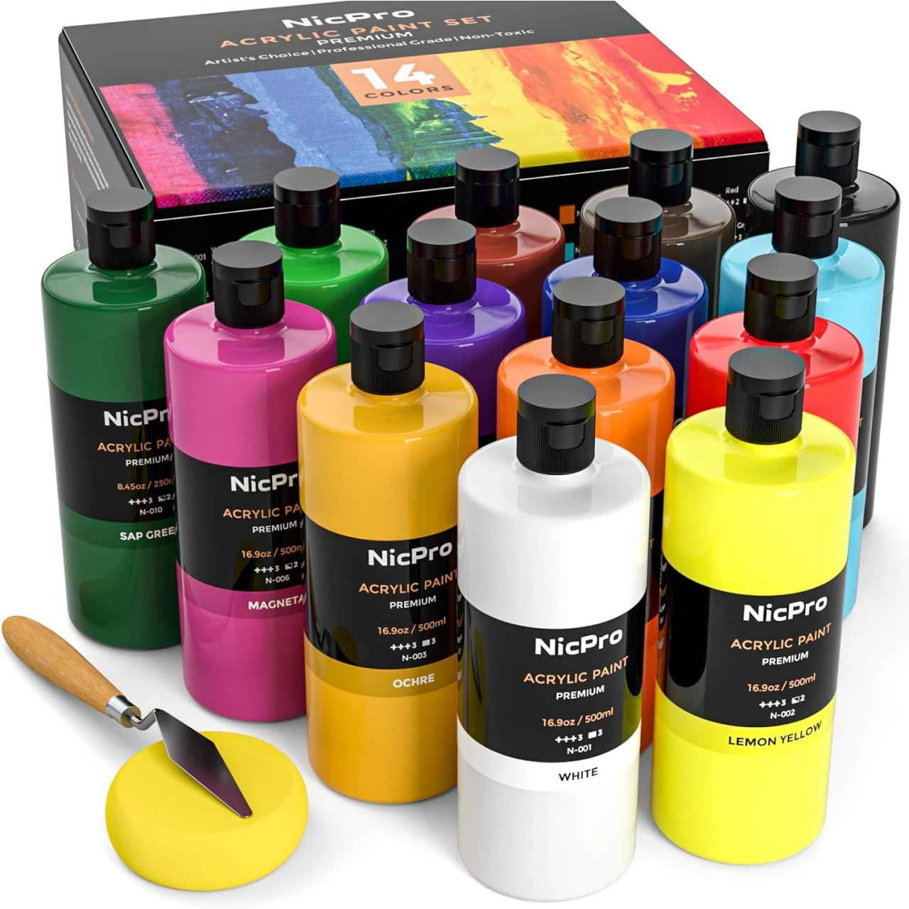 Nicpro 14 Colors Large Bulk Acrylic Paint Set (16.9 oz,500 ml) Rich Art Painting Supplies, Non Toxic for Multi Surface Canvas Wood Leather Fabric Stone Craft, for Kid &amp; Adult with Color Wheel