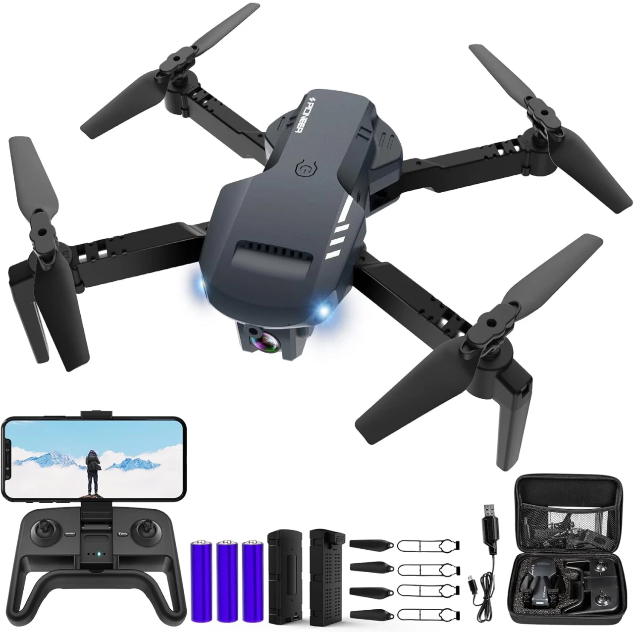 RADCLO Mini Drone with Camera - 1080P HD FPV Foldable Drone with Carrying Case, 2 Batteries, 90° Adjustable Lens, One Key Take Off/Land, Altitude Hold, 360° Flip, Toys Gifts for Kids, Adults, beginners, Remote Controlled, Black