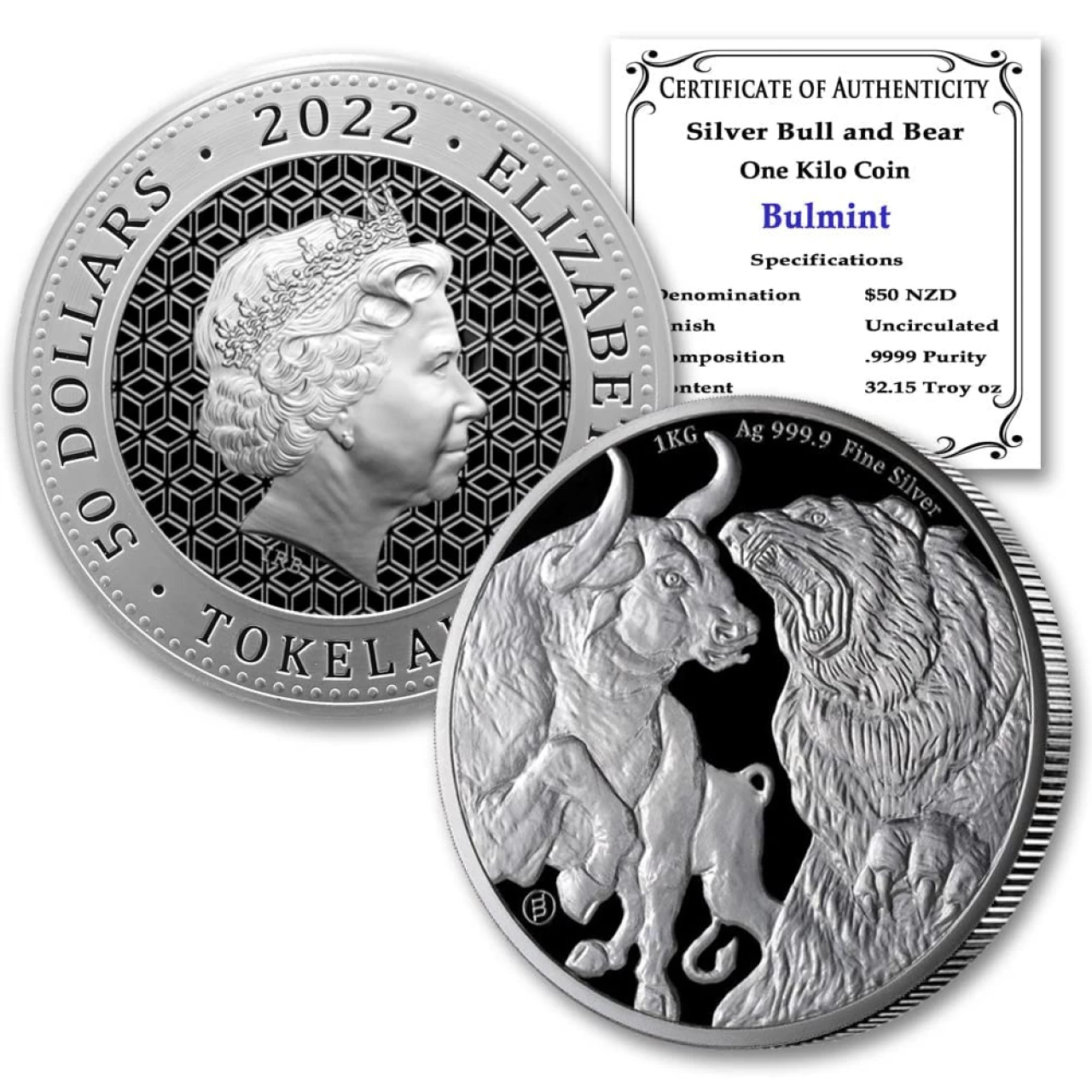 2022 1 Kilo (32.15 Troy Ounces) Tokelauan Silver Bull &amp; Bear Coin Brilliant Uncirculated Paperweight (BU) with Certificate of Authenticity $50 BU