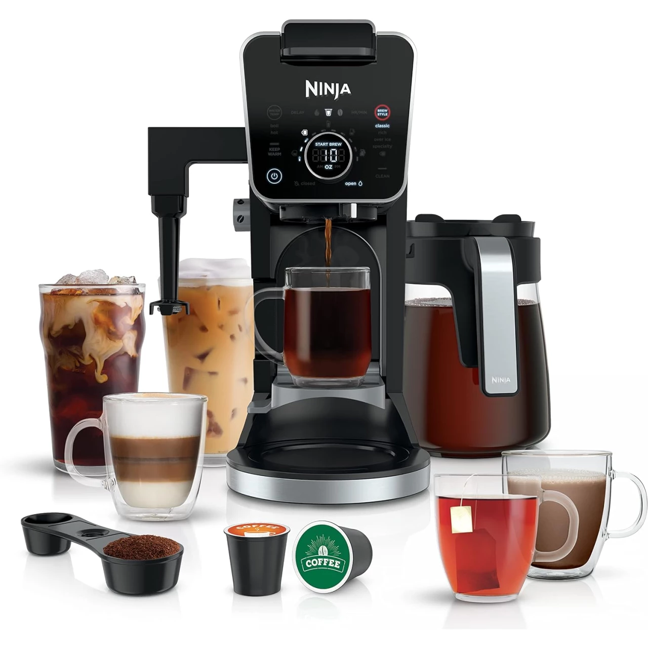 Ninja CFP301 DualBrew Pro Specialty 12-Cup Drip Maker with Glass Carafe, Single-Serve Grounds, compatible with K-Cup pods, with 4 Brew Styles, Frother &amp; Separate Hot Water System, Black