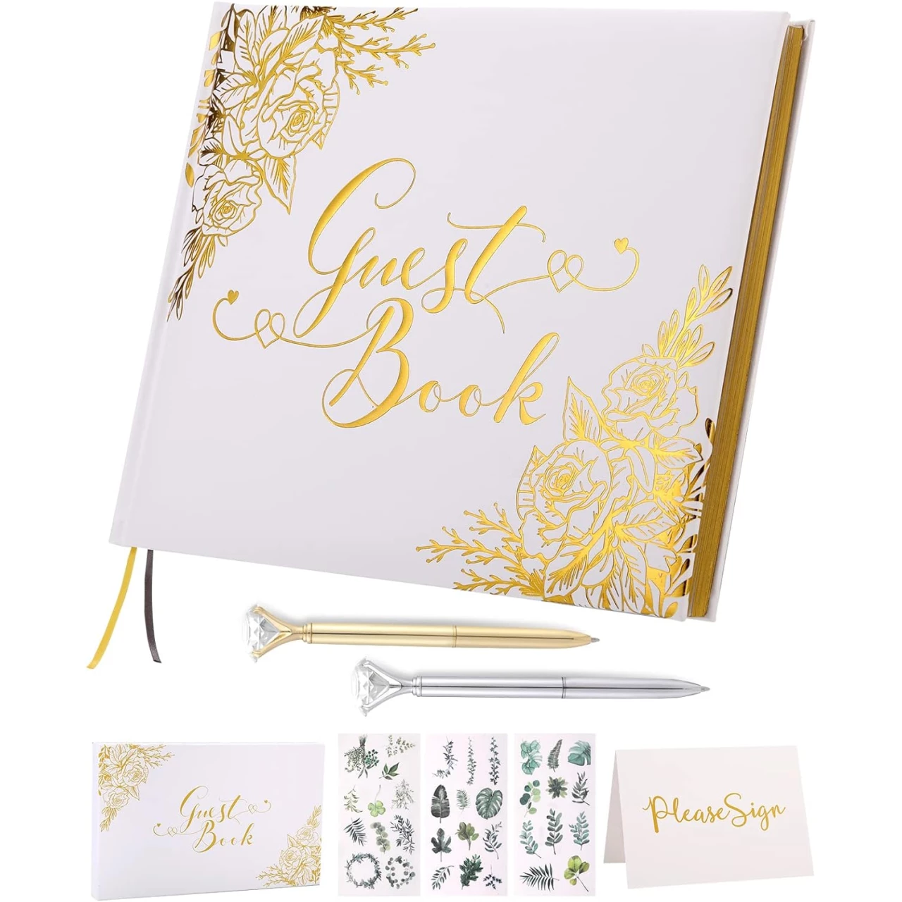 Wedding Guest Book - Guest Book Wedding Reception with Pens - 9x7&rsquo;&rsquo; Personalized Wedding Guestbook Photo Album Sign in Book - Gold Foil Hardcover &amp; Gilded Edges, for Weddings, Baby Shower, Party