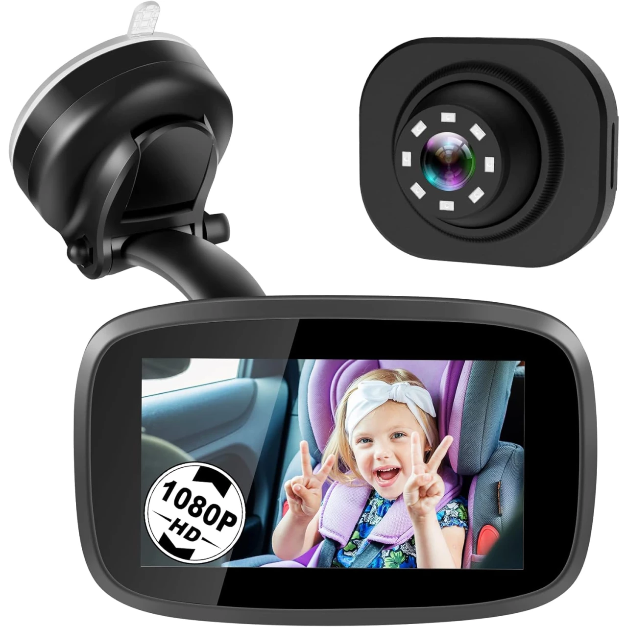 1080P Baby Car Mirror, Shybaby 4.3&rsquo;&rsquo; Baby Car Camera Monitor 170° Wide View, HD Night Vision Function and Reusable Sucker Bracket, Safety Rear Facing Car Set Camera Infants Kids Toddlers Black