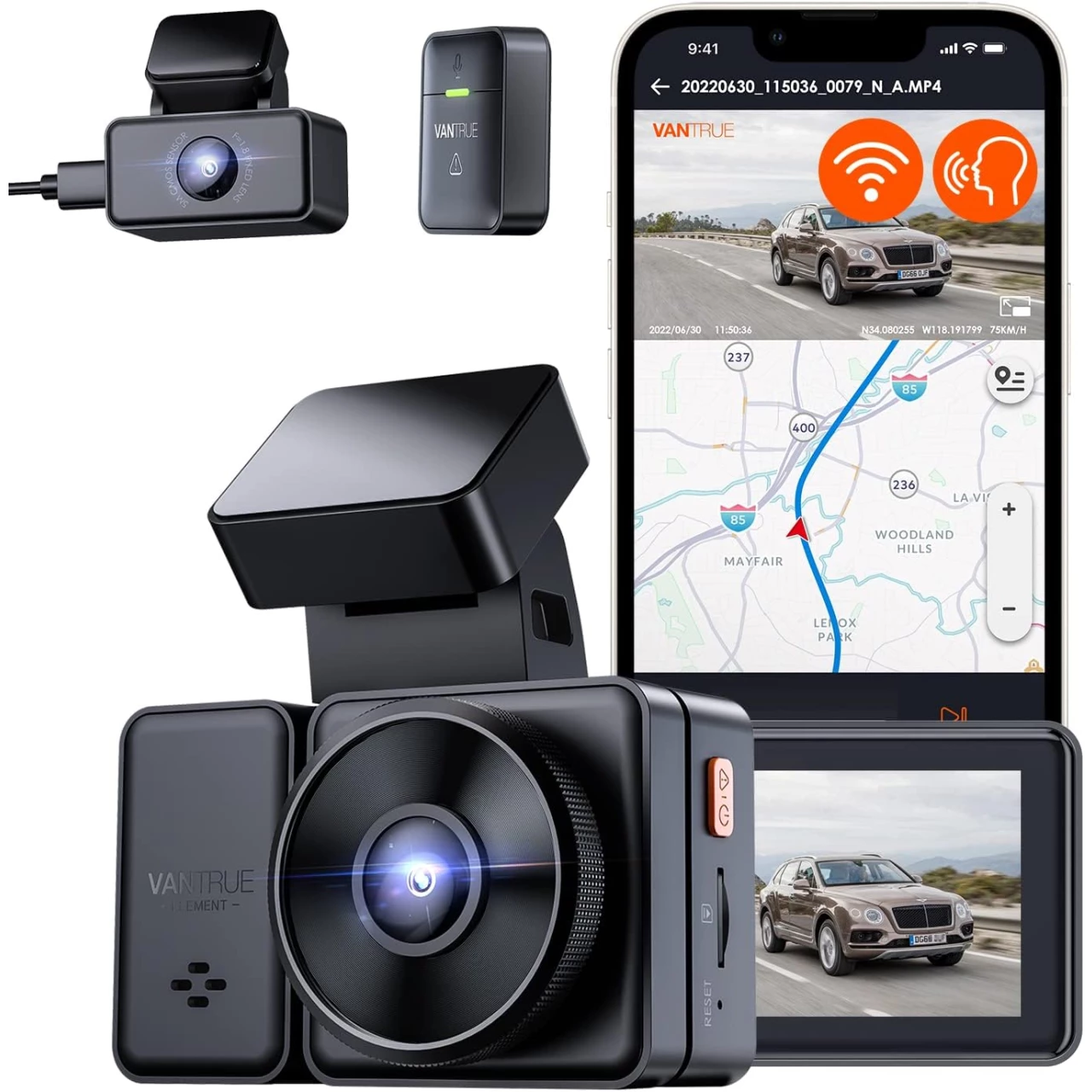 Vantrue E2 Dual 2.5K Front and Rear Dash Cam with 5G WiFi, GPS &amp; Voice Control, 1944P+1944P Car Camera, 24hrs Buffered Parking Mode, Enhanced Night Vision, Motion Detection, Capacitor, Support 512GB