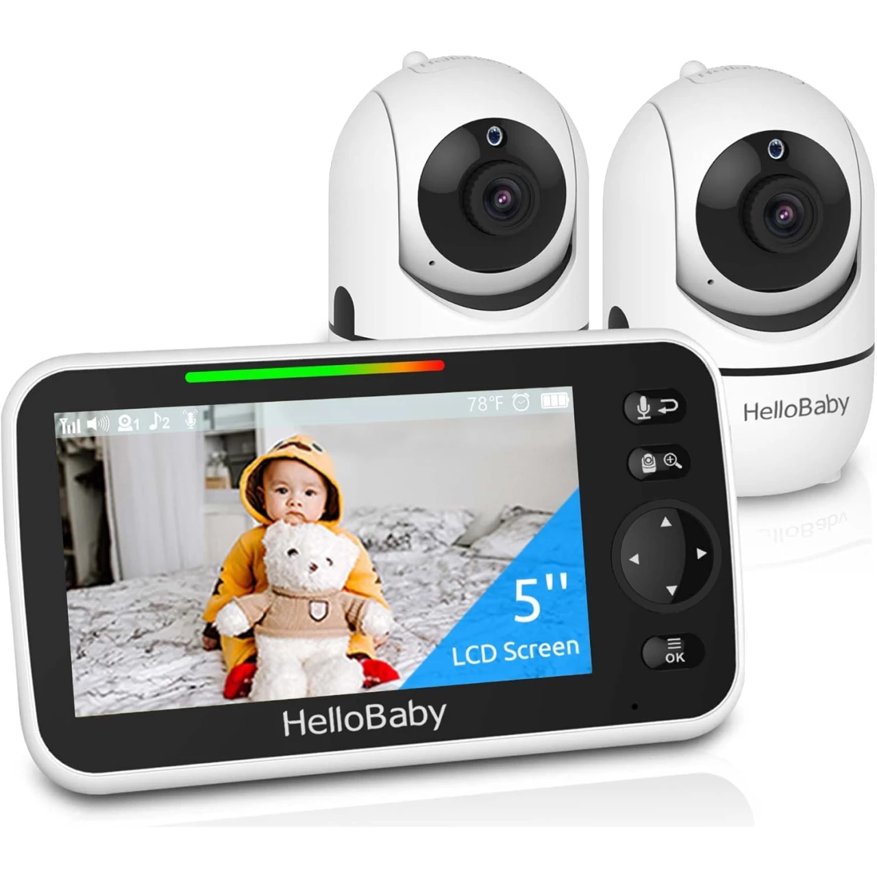 HelloBaby 5&quot; Baby Camera Monitor, Monitor with Cameras and Audio, 2 Cameras Remote Pan/Tilt/Zoom, VOX Mode, Night Vision, 2-Way Talk, 8 Lullabies, Temperature and 1000ft Range,720p