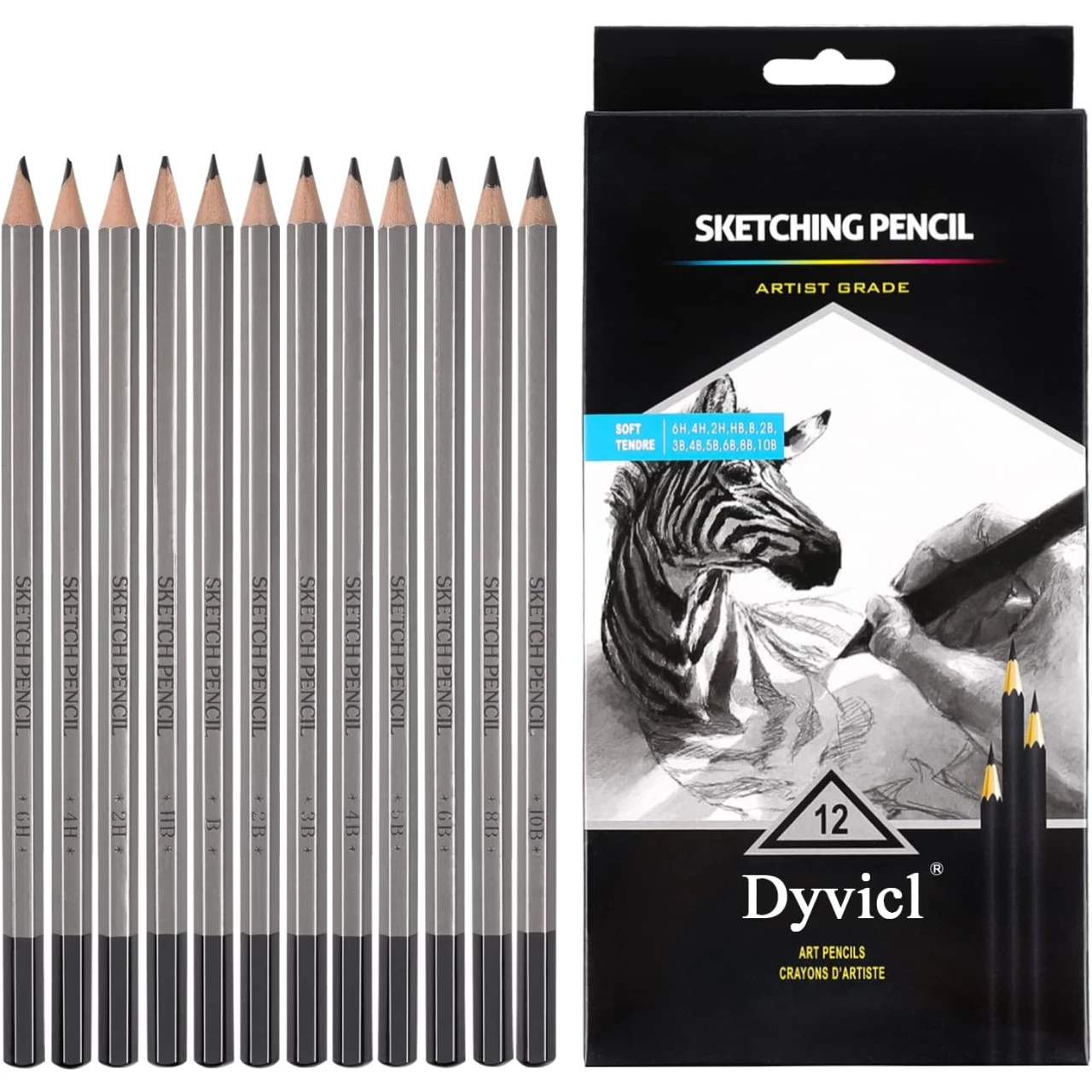 Dyvicl Professional Drawing Sketching Pencil Set - 12 Pieces Drawing Pencils