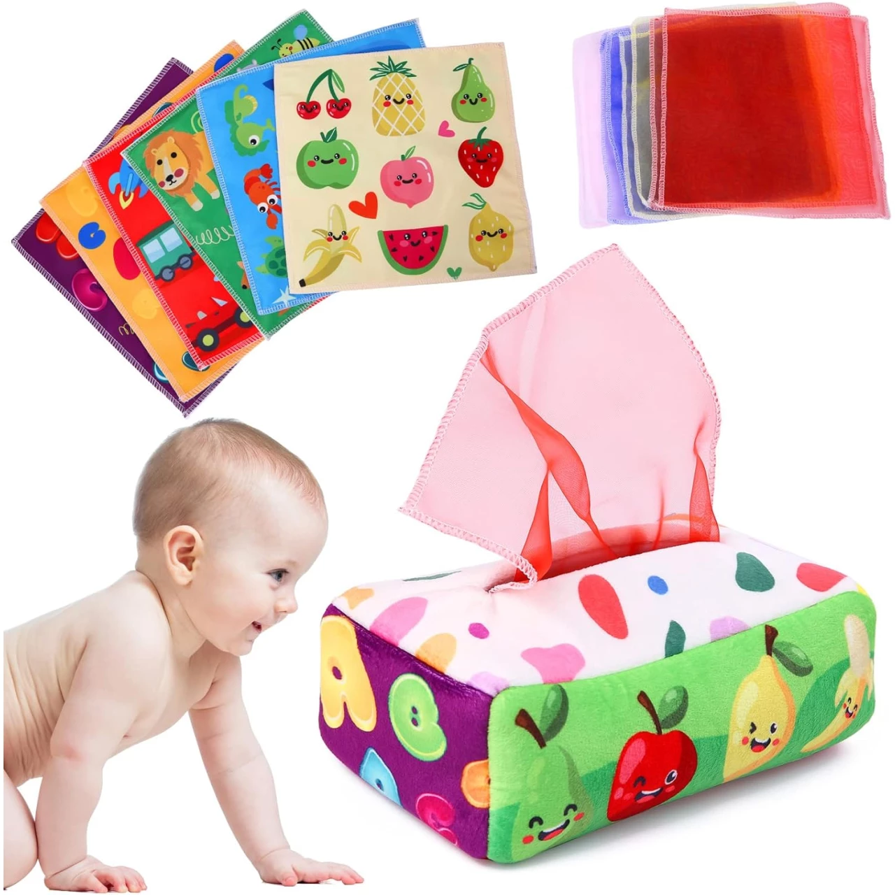 YOGINGO Baby Toys 6 to 12 Months - Tissue Box Toy Montessori for Babies 6-12 Months, Soft Stuffed High Contrast Crinkle Infant Sensory Toys, Boys&amp;Girls Kids Early Learning Gifts