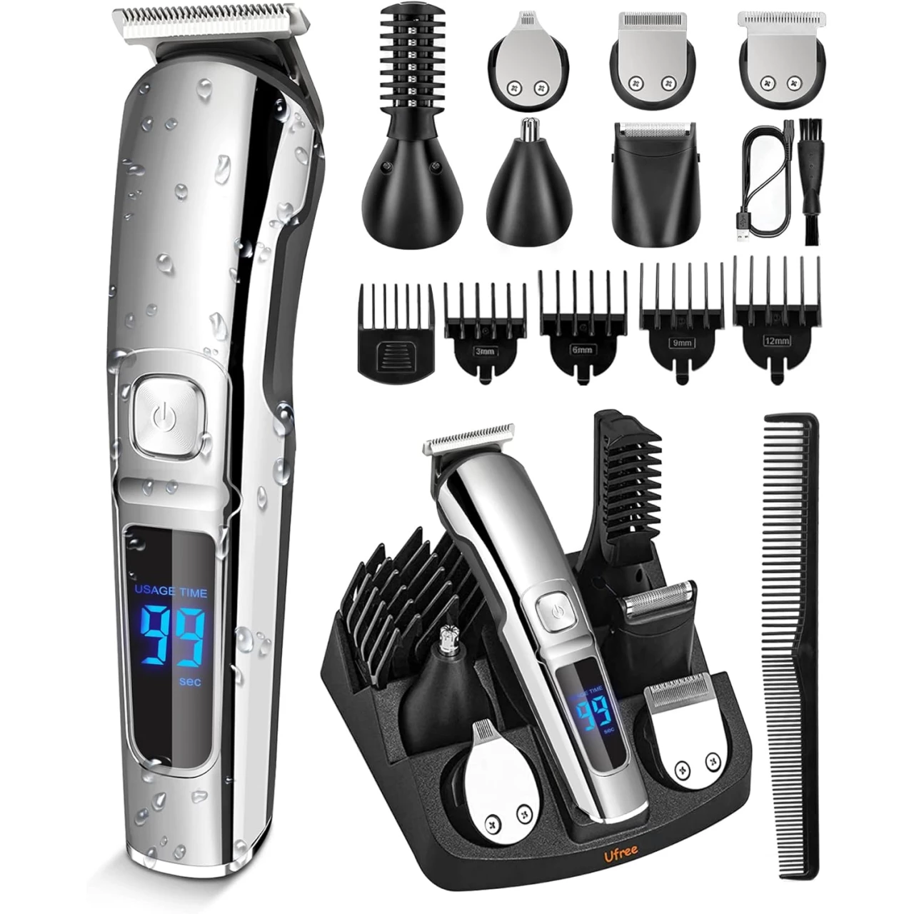 Ufree Beard Trimmer for Men, Waterproof Electric Hair Trimmer Beard Grooming Kit Mustache Nose Hair Trimmer Body Shaver, Cordless Hair Clippers Electric Razor for Men, Gifts for Men Father