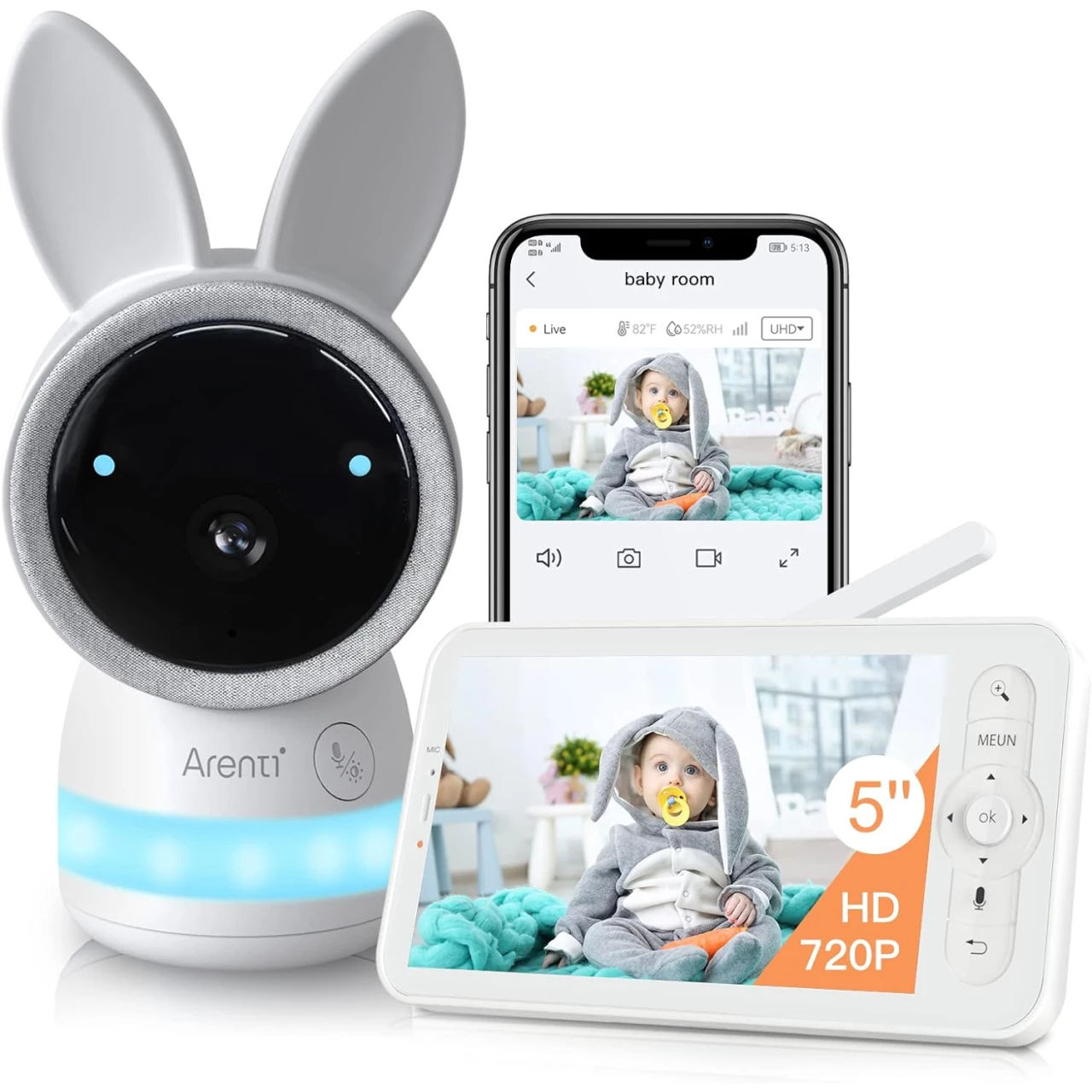 ARENTI Video Baby Monitor, Audio Monitor with 2K Ultra HD WiFi Camera,5&quot; Color Display,Night Vision,Lullabies,Cry Detection,Motion Detection,Temp &amp; Humidity Sensor,Two Way Talk,App Control(White)