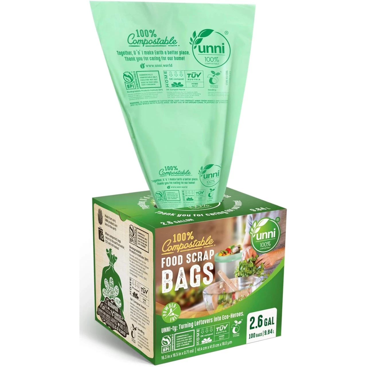 UNNI 100% Compostable Bags, 2.6 Gallon, 9.84 Liter, 100 Count, Extra Thick 0.71 Mil, Samll Kitchen Food Scrap Waste Bags