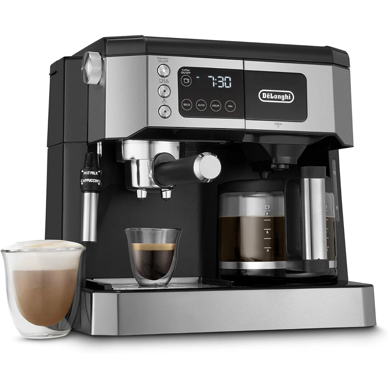 De&rsquo;Longhi All-in-One Combination Coffee Maker &amp; Espresso Machine + Advanced Adjustable Milk Frother for Cappuccino &amp; Latte + Glass Coffee Pot 10-Cup, COM532M black