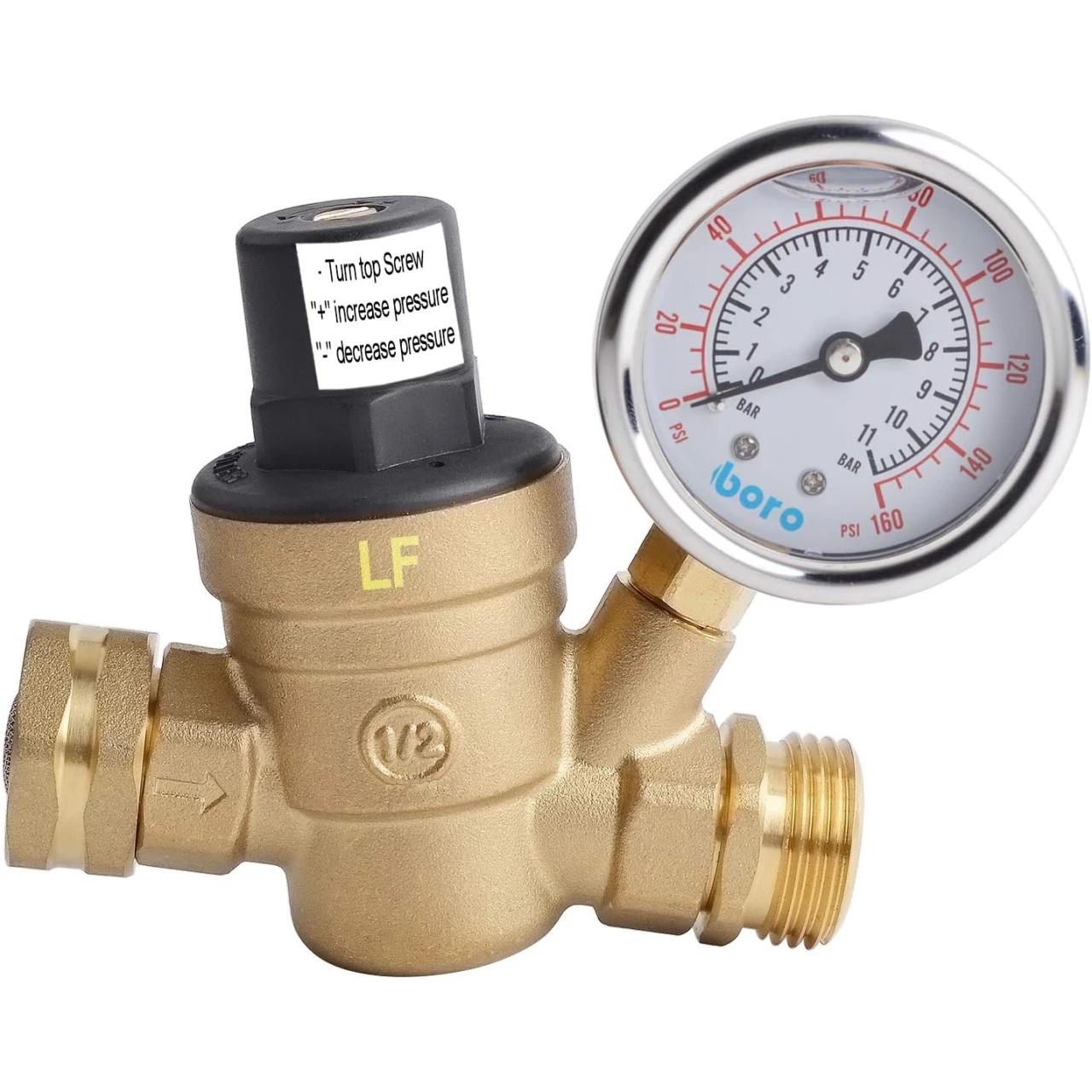 Hydro Master Water Pressure Regulator Brass Valve with Gauge for RV Camper