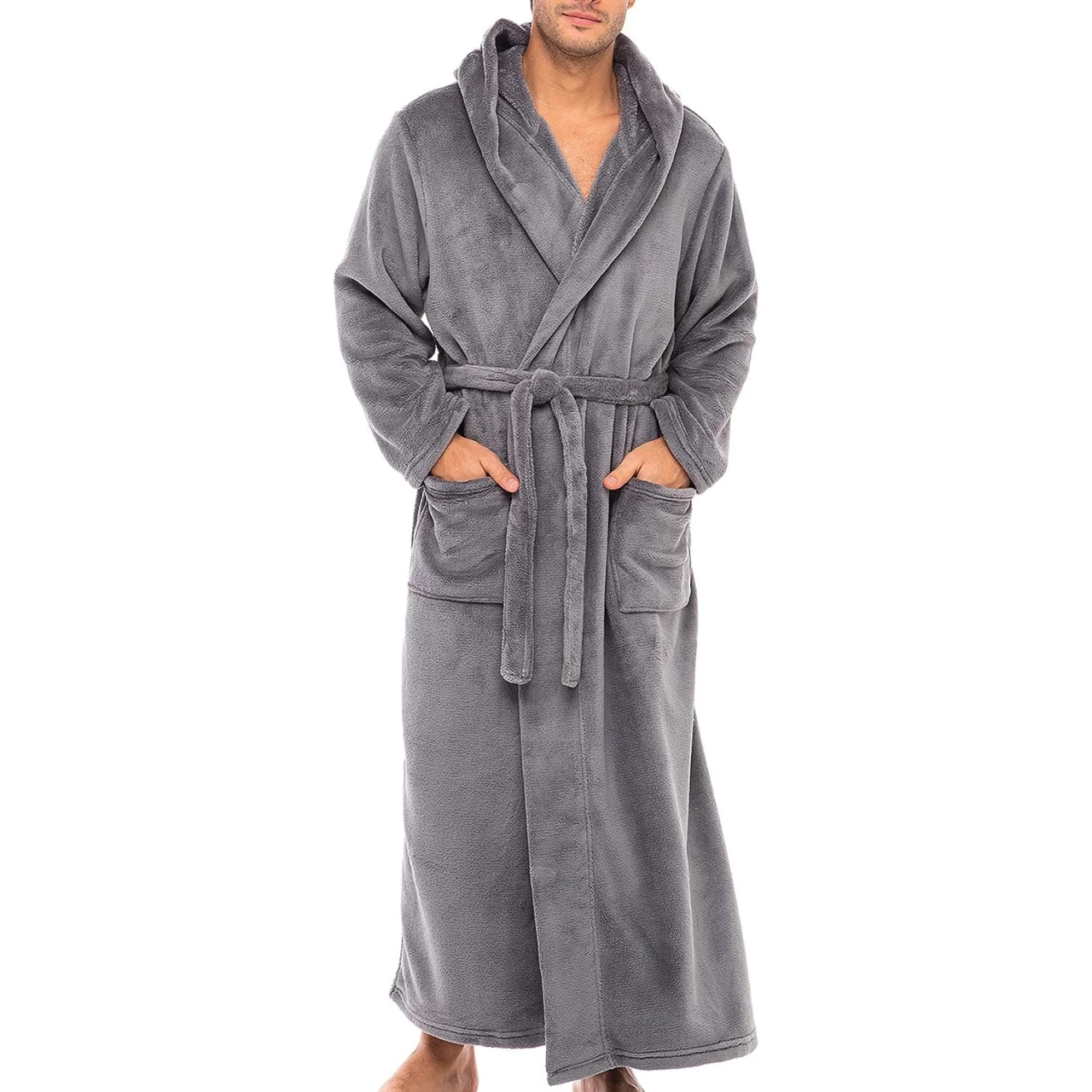 Alexander Del Rossa Men&rsquo;s Soft Plush Fleece Hooded Bathrobe, Full Length Long Warm Lounge Robe with Hood