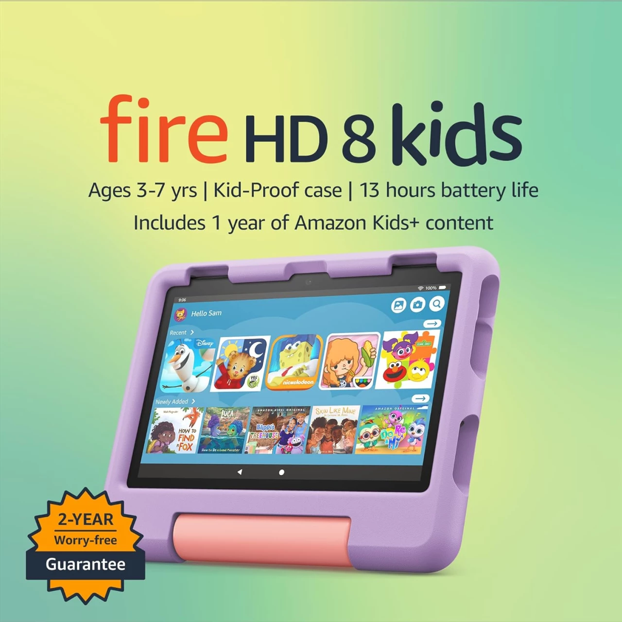 Amazon Fire HD 8 Kids tablet, 8&quot; HD display, ages 3-7, includes 2-year worry-free guarantee, Kid-Proof Case, 32 GB, (2022 release), Purple