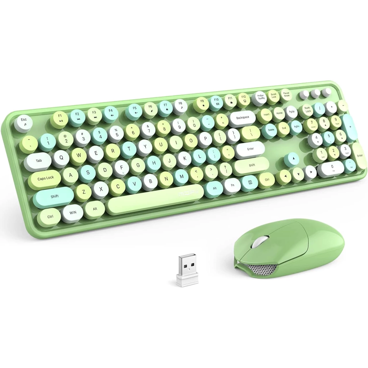 MOFII Wireless Keyboard and Mouse Combo, 2.4GHz Retro Full Size Typewriter Keyboard with Number Pad &amp; Wireless Mouse for Laptop, PC, Desktop, Mac, Windows - Green Colorful