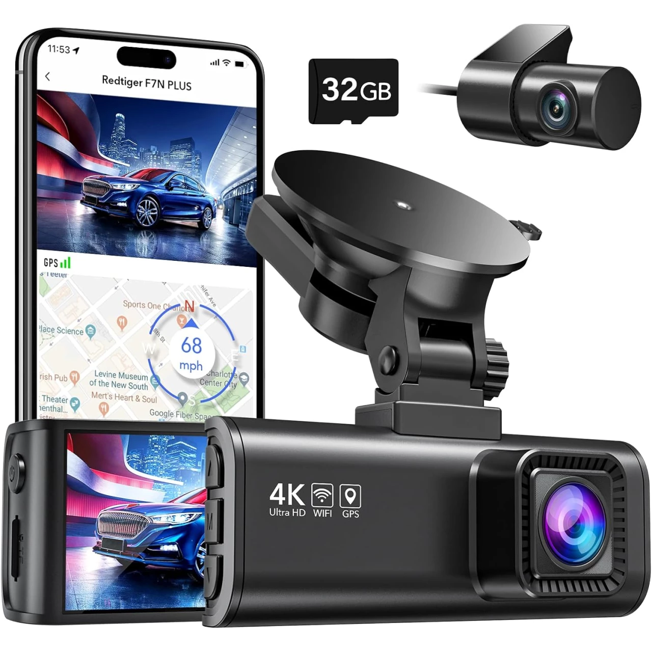 REDTIGER Dash cam Front Rear Dash Camera 4K/2.5K Full HD Car Dashboard Recorder with 3.16” IPS Screen, Wi-Fi GPS Night Vision Loop Recording 170° Wide Angle WDR, Free 32GB Card