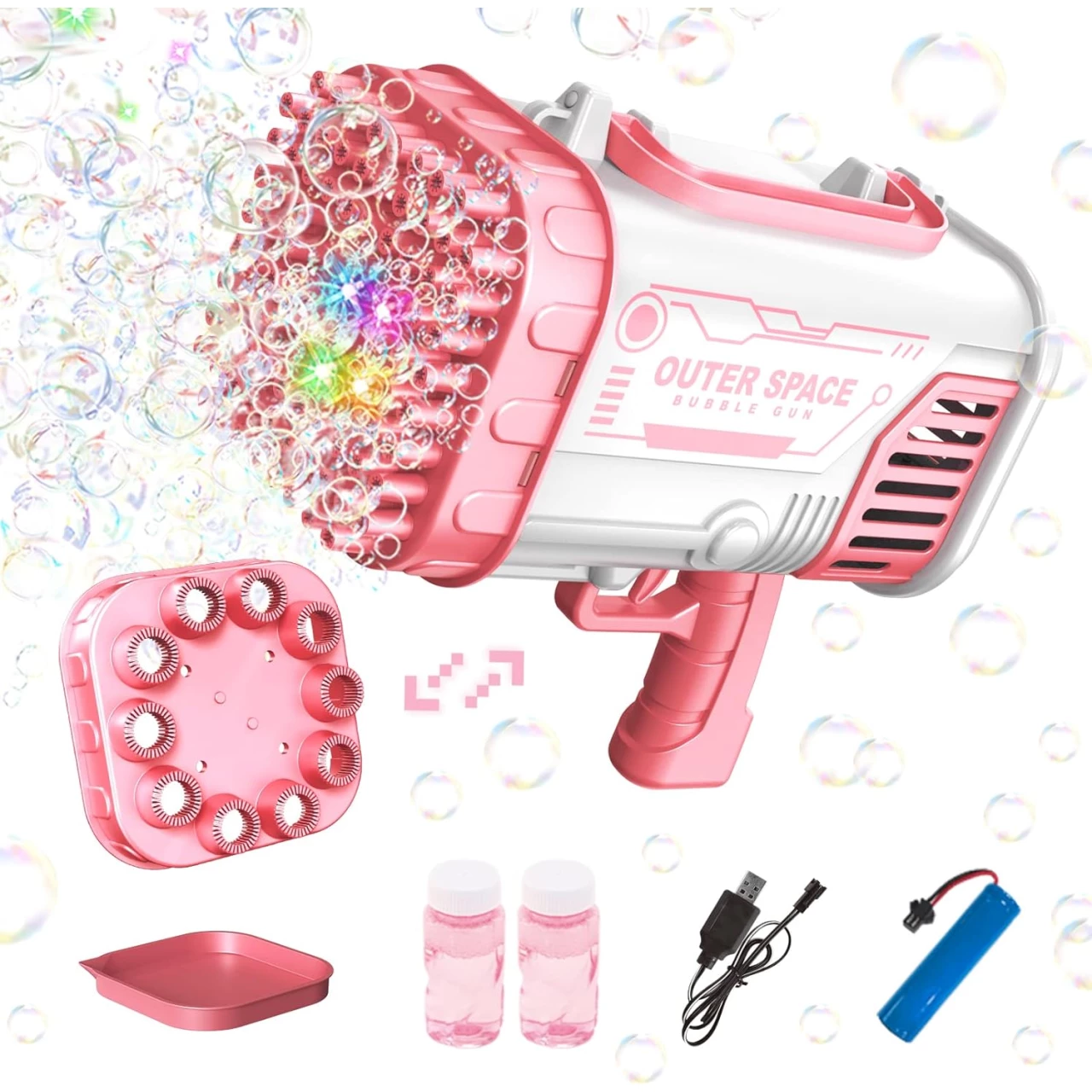 Double-Headed Bubble Machine Gun, Switchable 80-Hole/ 10-Hole Rocket Bubble Gun with LED Lights (Pink)