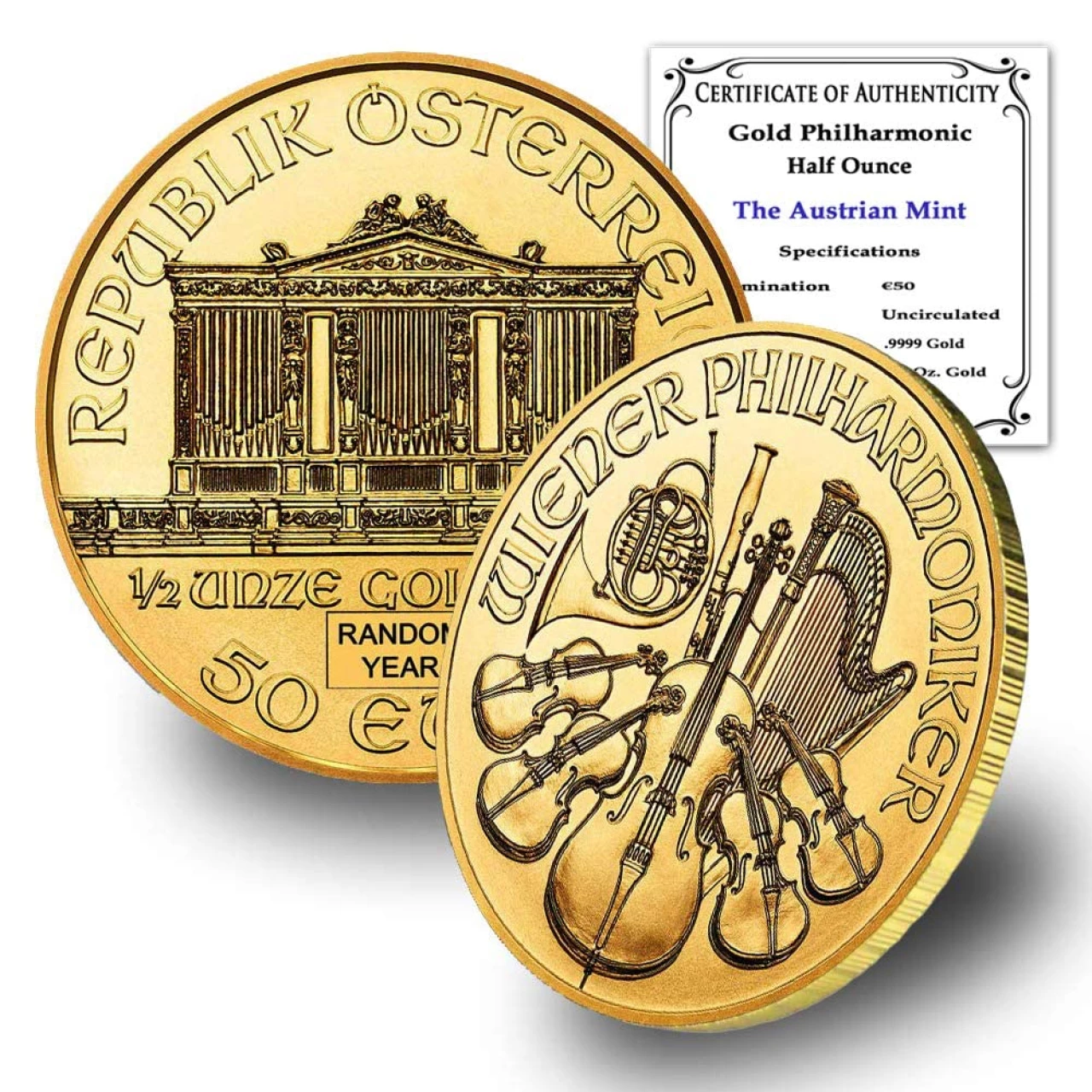 1989 - Present (Random Year) 1/2 oz Austrian Gold Vienna Philharmonic Coin Brilliant Uncirculated 50 Euros With Certificate of Authenticity 24K 50€ BU