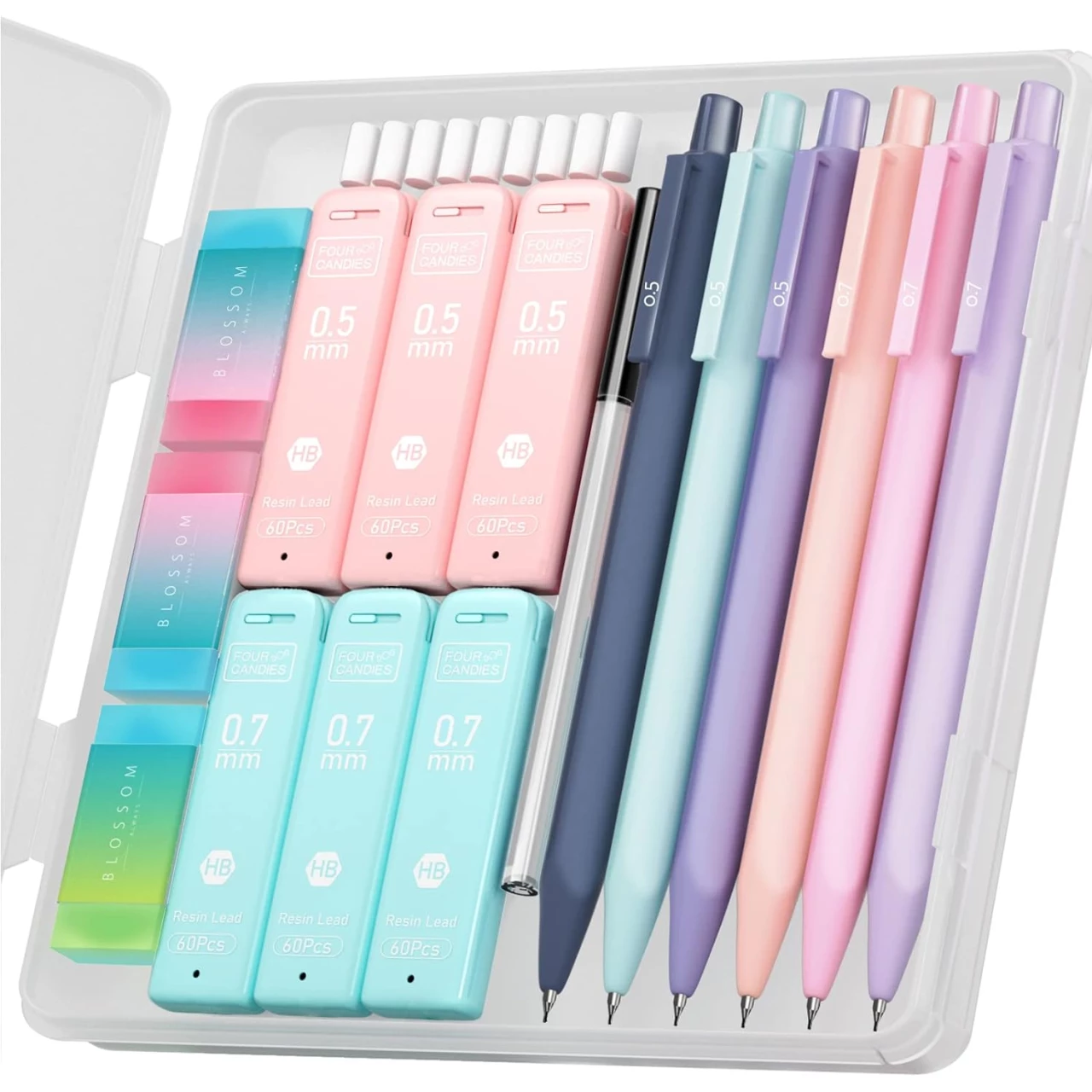 Four Candies Cute Mechanical Pencil Set, 6PCS Pastel Mechanical Pencils 0.5mm &amp; 0.7mm with 360PCS HB Pencil Leads, 3PCS Erasers and 9PCS Eraser Refills, Aesthetic Mechanical Pencils for Girls Writing