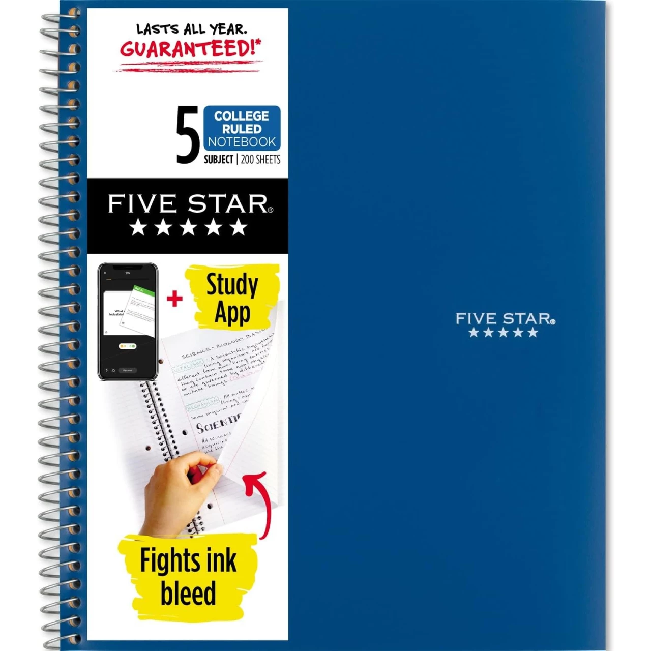 Five Star Spiral Notebook + Study App, 5 Subject, College Ruled Paper, Fights Ink Bleed, Water Resistant Cover, 8-1/2&quot; x 11&quot;, 200 Sheets, Blue (73635)