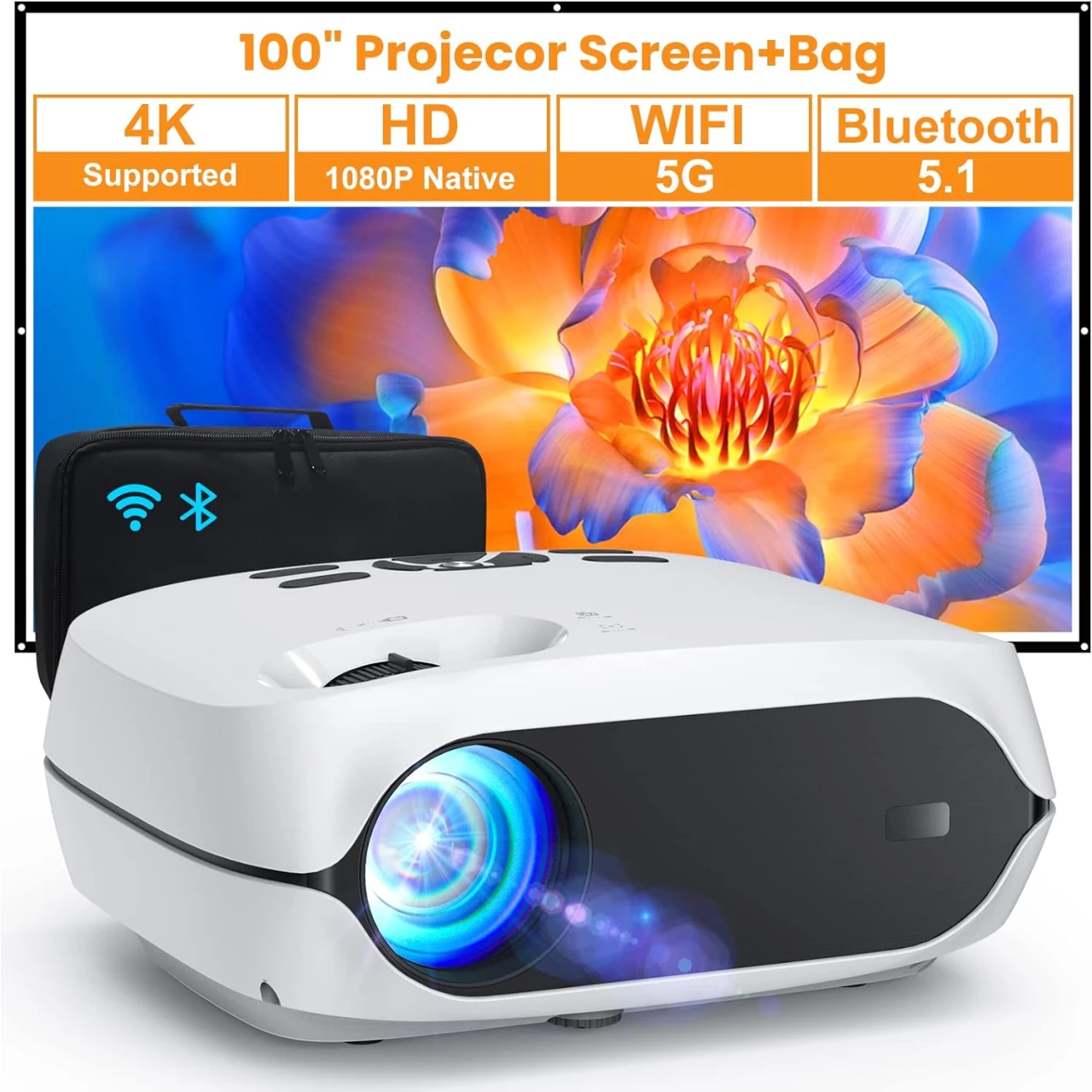 HAPPRUN Projector, 5G WiFi Bluetooth Projector, Native 1080P Portable Projector with Screen and Bag, Support 4K, Zoom, 300&quot; Outdoor Movie Projector Compatible with iOS/Android/TV Stick/PS5