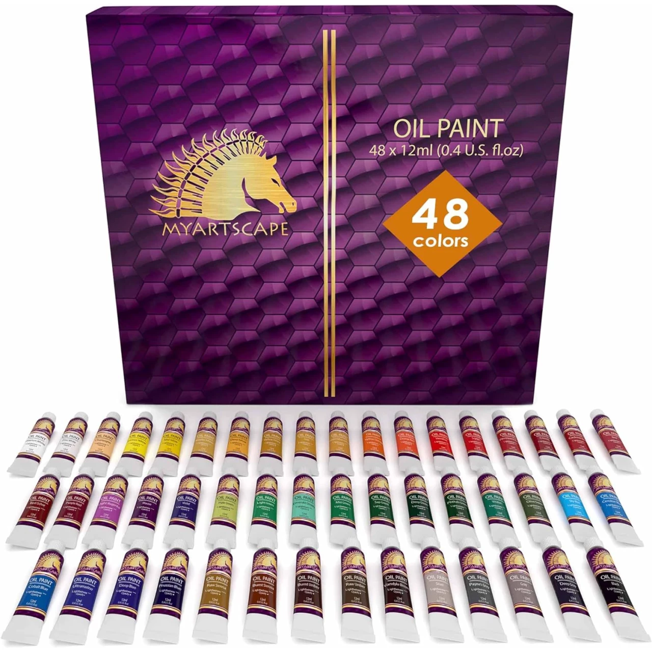 MyArtscape Oil Paint Set - 12ml x 48 Tubes - Lightfast - Heavy Body - Highly Pigmented Oil-based Colors - Excellent Coverage - Artist Quality Painting Supplies - Professional Craft Paints