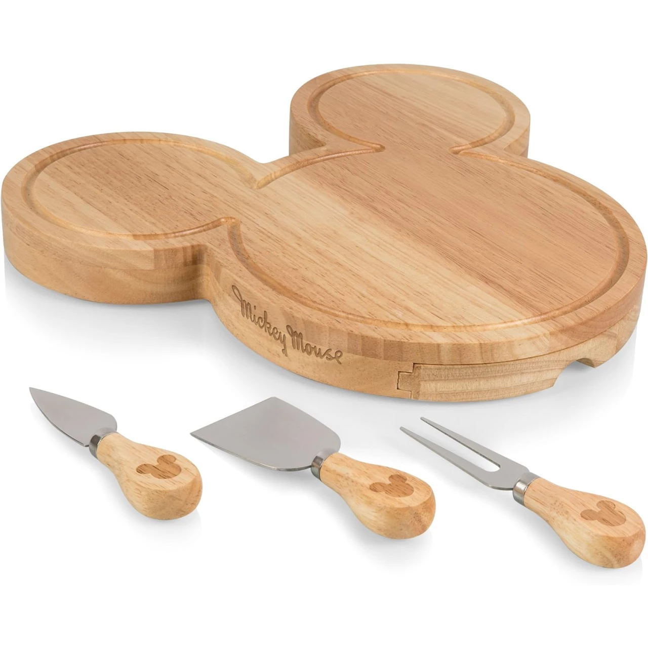 TOSCANA Disney Mickey Mouse Head Shaped Cheese Board and Knife Set, Charcuterie Board Set, Wood Cutting Board with Cheese Knives (Parawood)