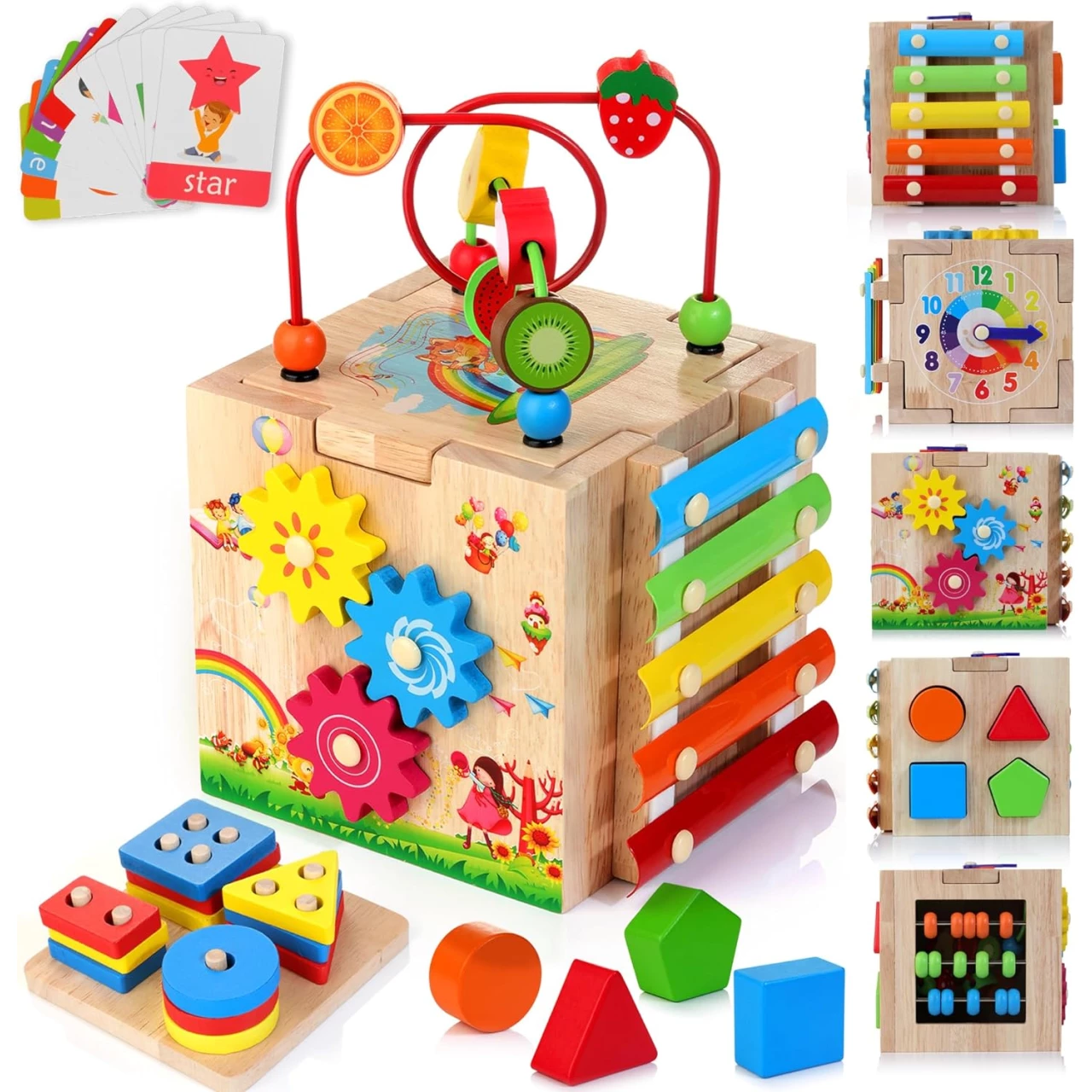 HELLOWOOD Wooden Activity Cube, 8-in-1 Montessori Toys for 1-3 Year Olds