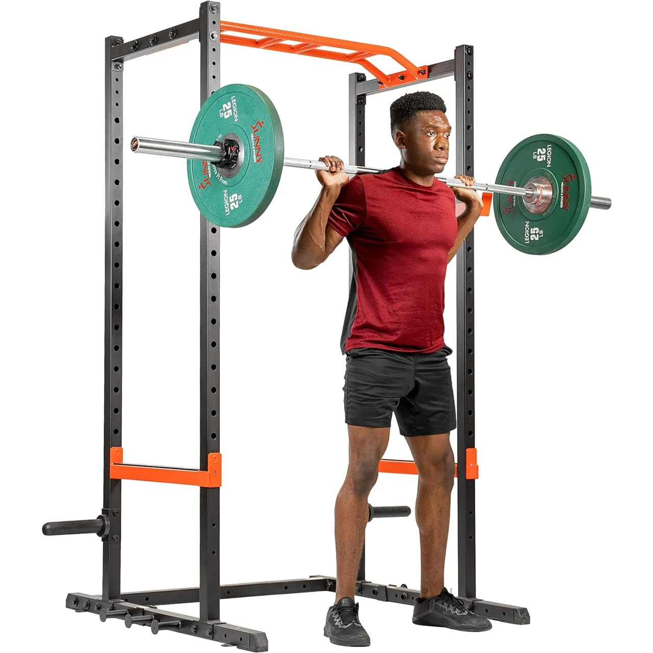 Sunny Health &amp; Fitness Ultra Durable Power Zone Strength Rack Power Cage High Weight Capacity with Optional Lat Pull Down, Flat Bench, Adjustable Weight Bench, Spotter Bars