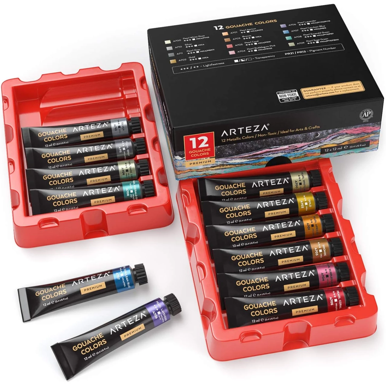 ARTEZA Metallic Gouache Paint Set, 12 Colors in 12ml/0.4 US fl oz Tubes, Water-Based Gouache Artist Paint, Pearlescent Paint for Canvas &amp; Paper, Art Supplies for Adults, Professionals, Students