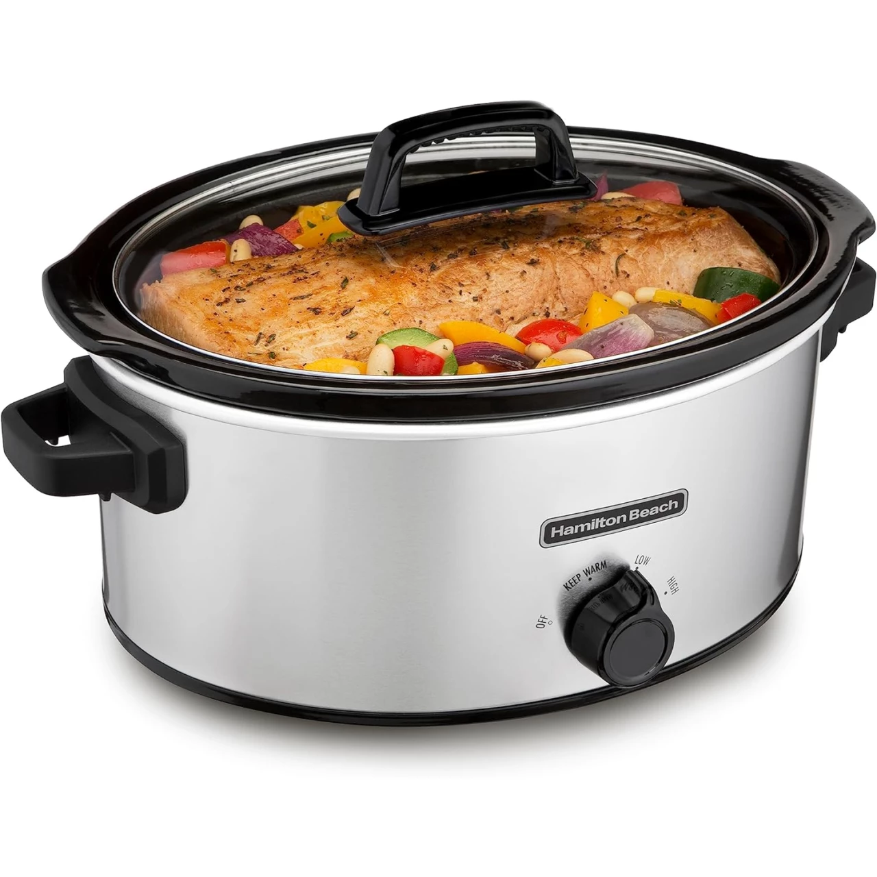 Hamilton Beach 6-Quart Slow Cooker with 3 Cooking Settings, Dishwasher-Safe Stoneware Crock &amp; Glass Lid, Silver (33665)