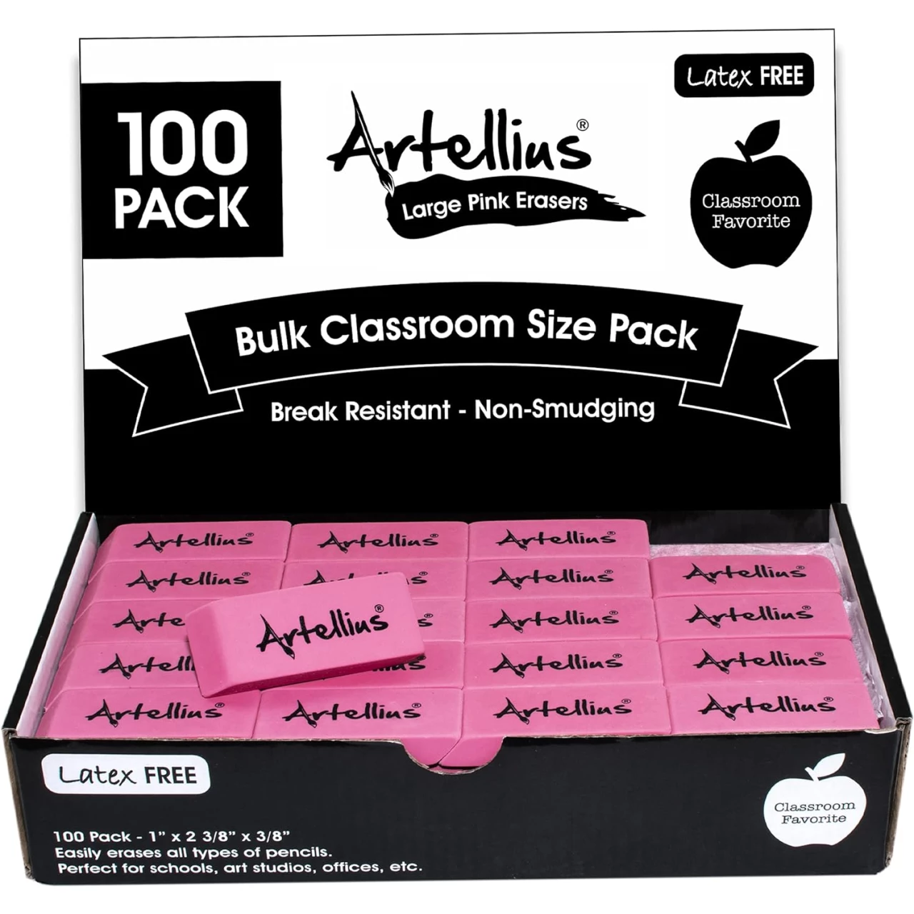 Pink Erasers Pack of 100 - Large Size, Latex &amp; Smudge Free - Bulk School Supplies