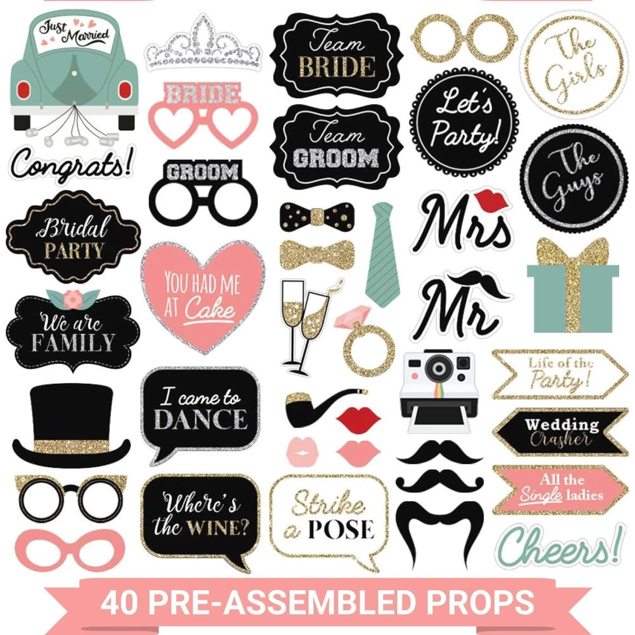 Fully Assembled Wedding Photo Booth Props - Set of 40 - Gold, Pink, Teal, &amp; Silver Selfie Signs - Wedding Party Supplies &amp; Decorations - Cute Wedding Designs with Real Glitter - Did we mention no DIY?