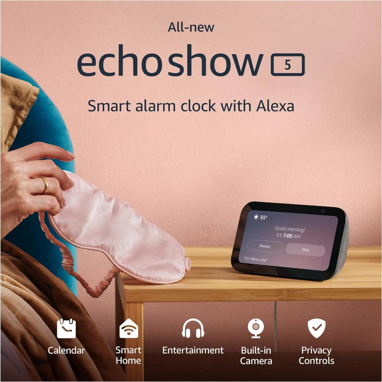 All-new Echo Show 5 (3rd Gen, 2023 release) | Smart display and alarm clock with clearer sound | Charcoal