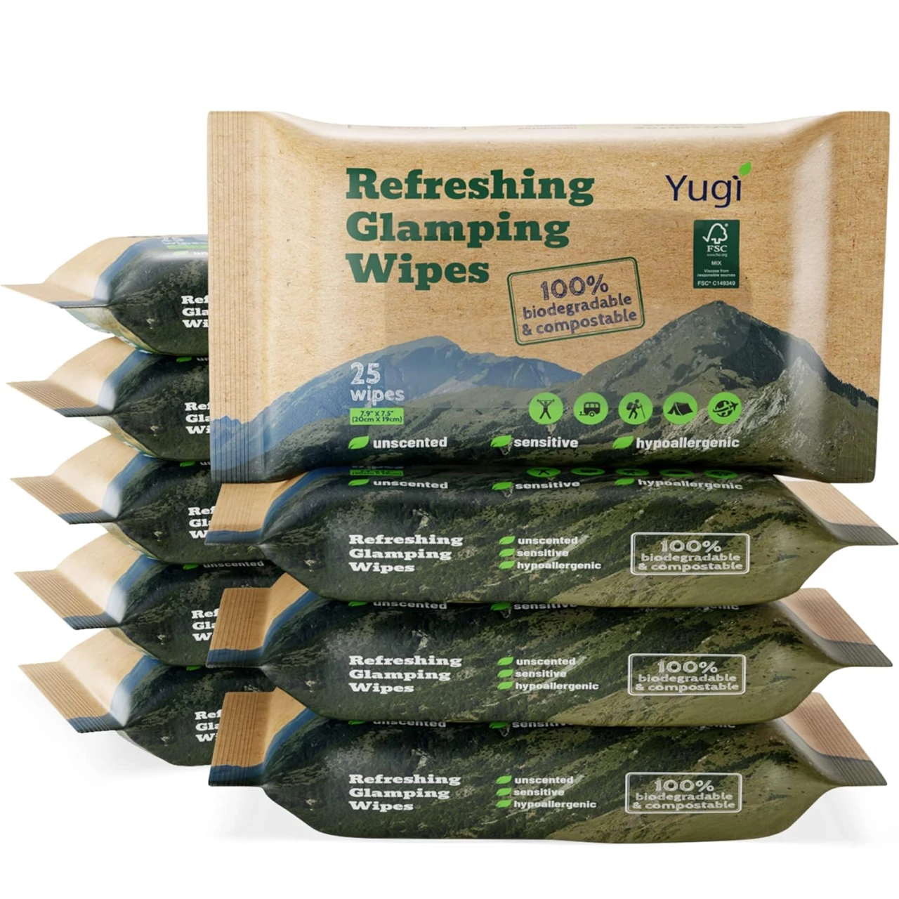 Yugi wet wipes, Face and Body Wipes for Camping, Post Workout and Traveling, Plant-based fibers unscented wipes (9 packs, 225 wipes)