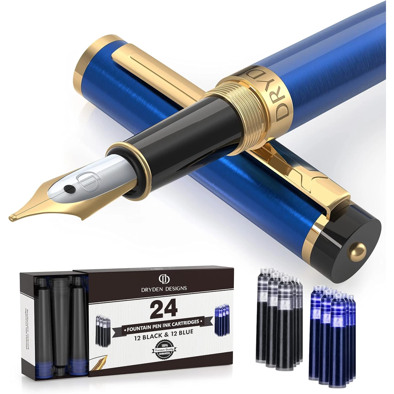 Dryden Designs Fountain Pen - Medium Nib | Includes 24 Ink Cartridges (12 Black 12 Blue) and Ink Refill Converter | Calligraphy Pen, Consistent Writing, Smooth Flow - Blue