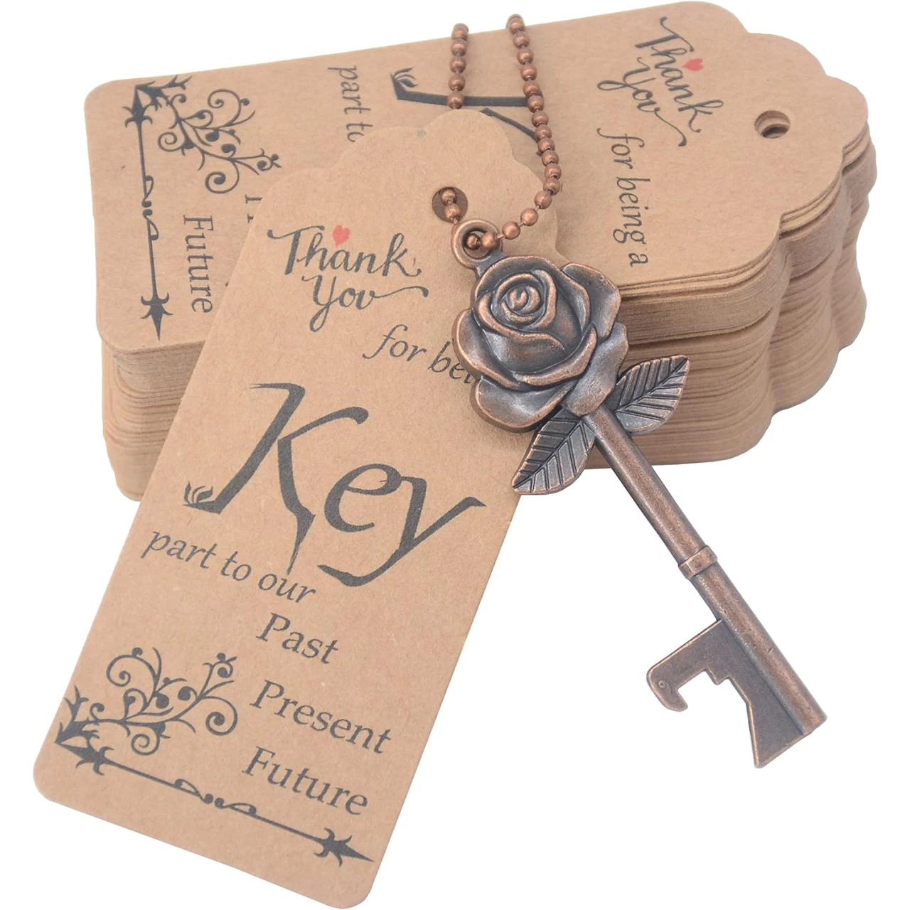 Aokbean 100 Sets Rose Key Bottle Opener Wedding Favors for Guests Bulk Skeleton Keys