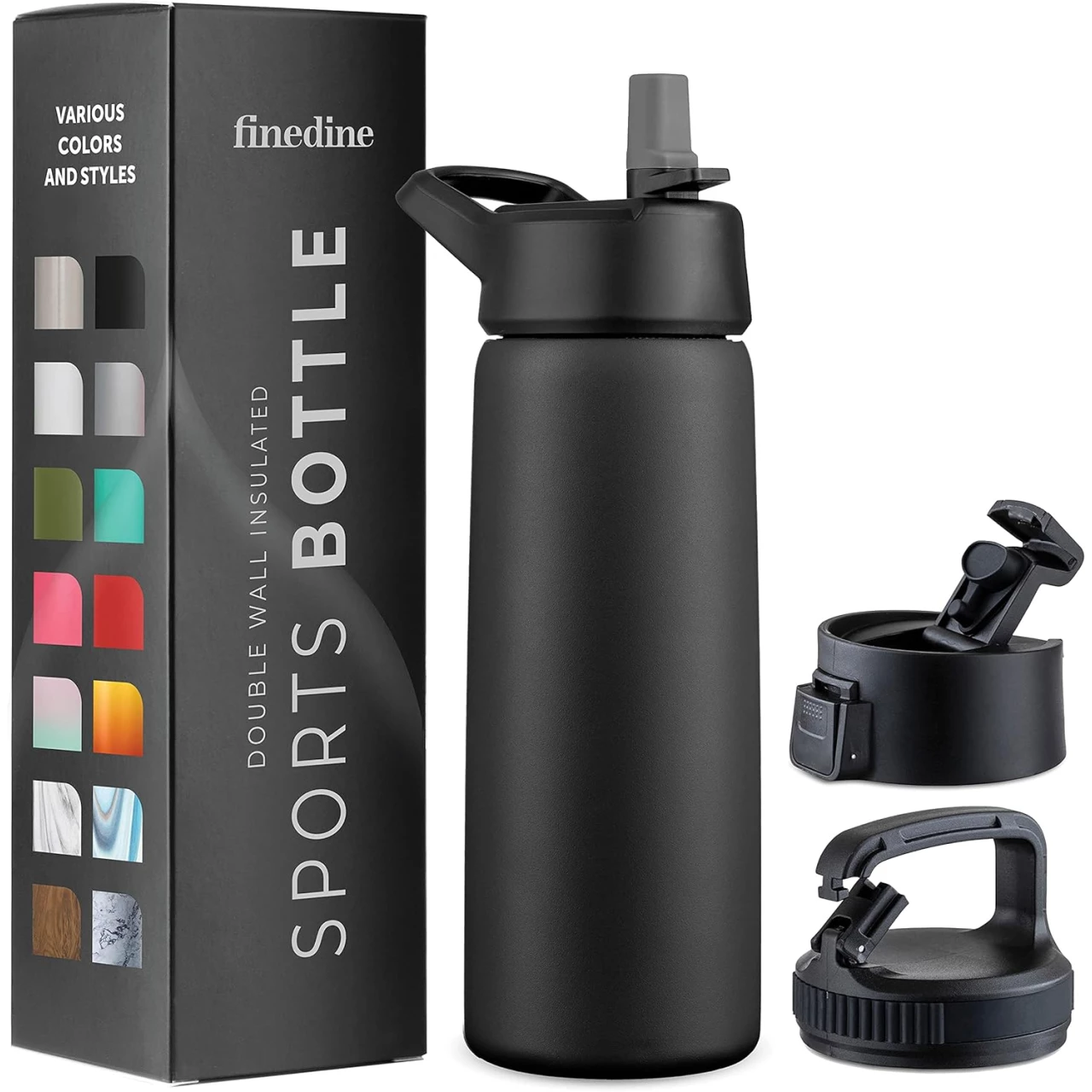 FineDine Insulated Water Bottles with Straw - 25 Oz Stainless Steel Metal Water Bottle W/ 3 Lids - Reusable for Travel, Camping, Bike, Sports - Inky Raven Black