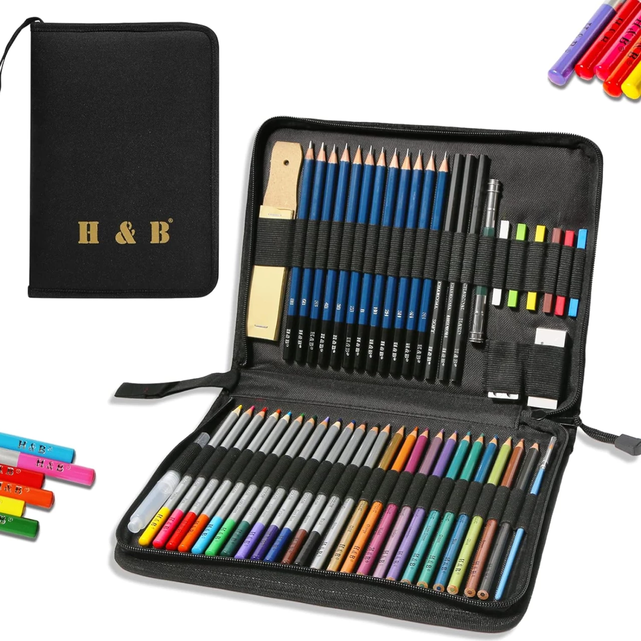 H &amp; B 51-Piece Drawing Art Pencils, 51PCS Drawing &amp; Art Supplies Kit for Kids, Complete Artist Kit, Include Graphite Pencils, Metallic Color Pencils, Water-soluble Pencils for Kids Adult Teens Artist