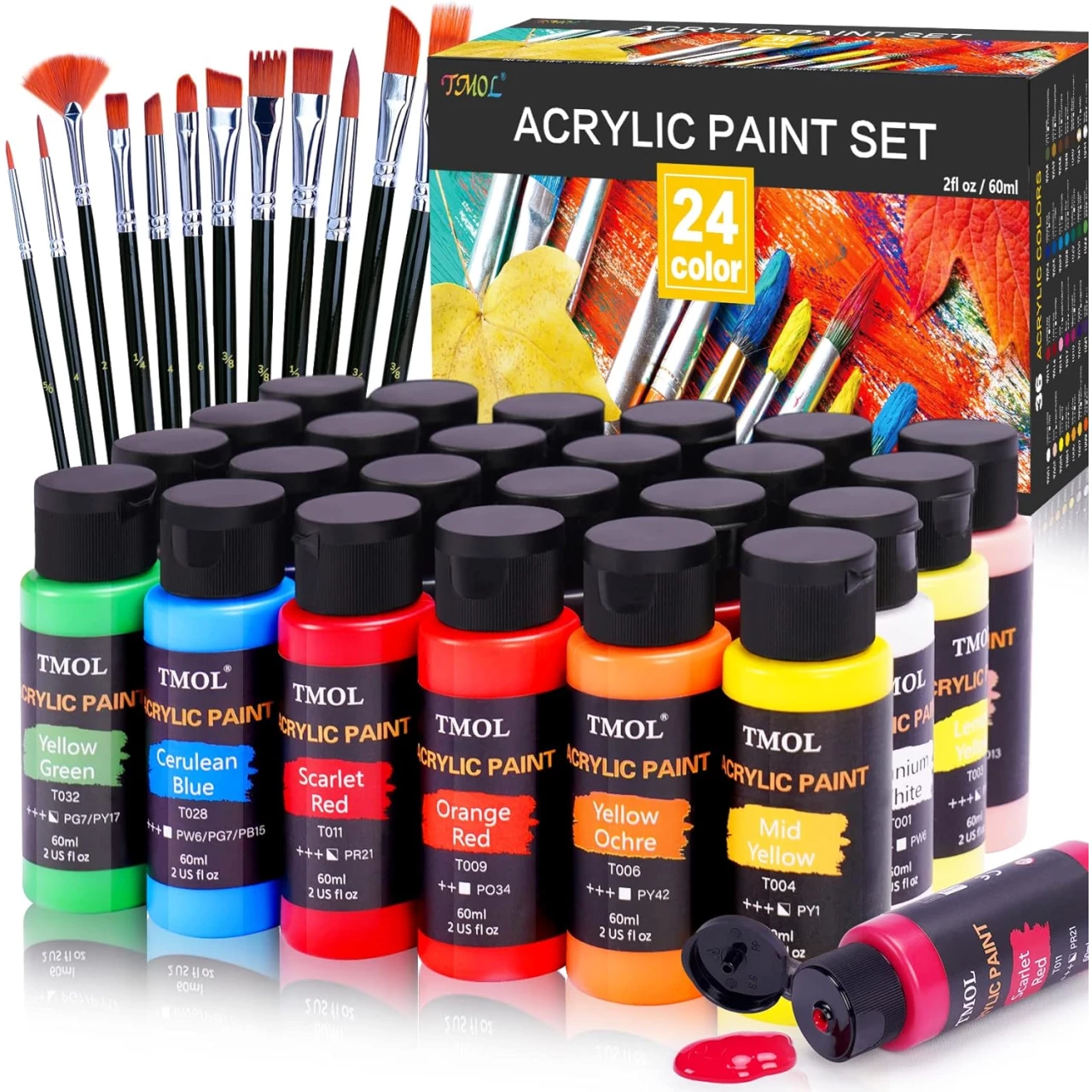 Acrylic Paint Set, 24 Colors (2 oz/Bottle) with 12 Art Brushes