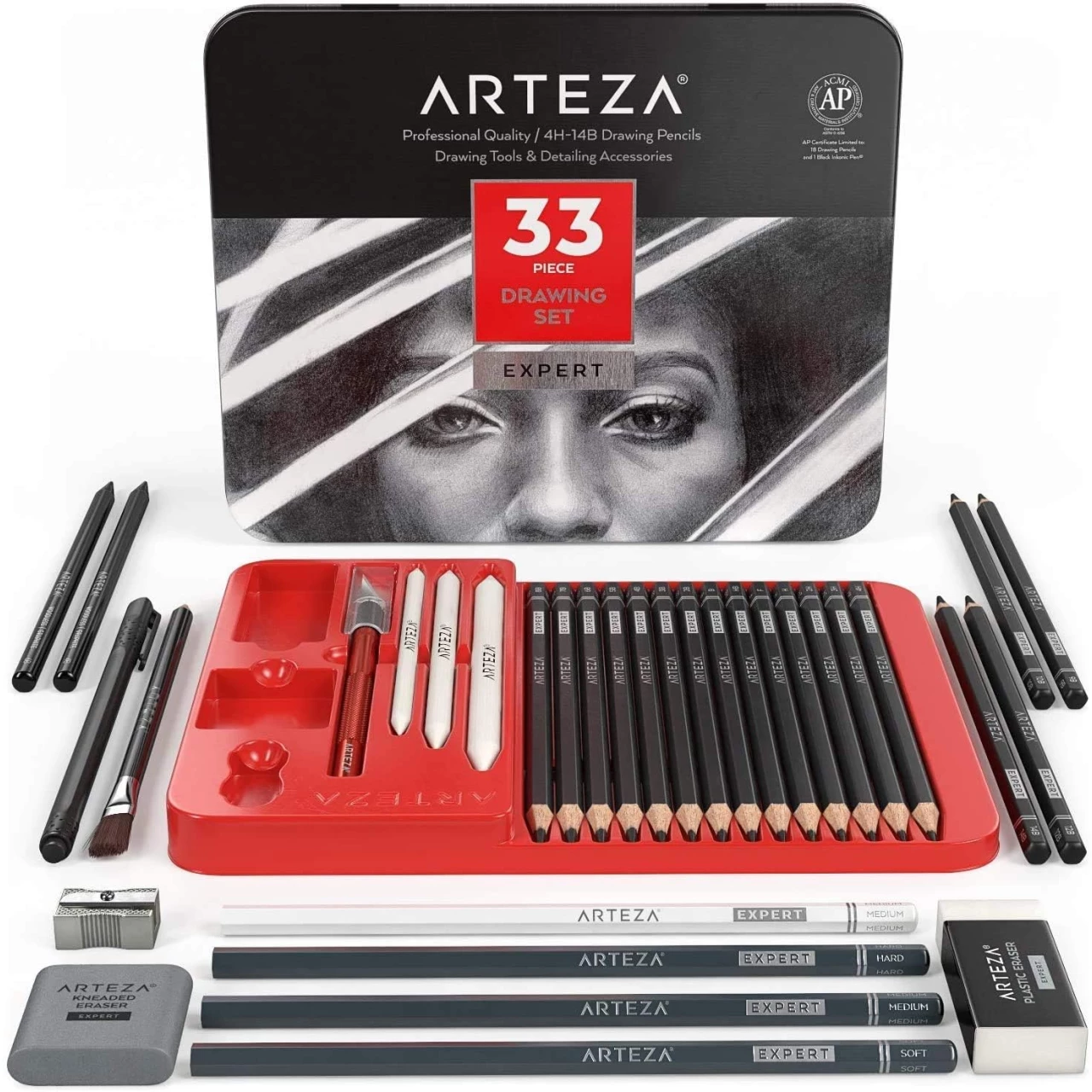 Arteza Drawing Set for Adults, Set of 33 Artist Sketching Tools, 20 Graphite &amp; 4 Charcoal Sketch Pencils, 1 Fineliner, 3 Blenders, 1 Sharpener, 3 Erasers &amp; 1 Hobby Knife, Art Supplies for Drawing