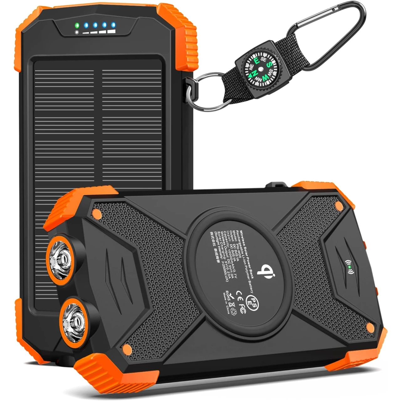 BLAVOR Solar Charger Power Bank, Qi Wireless Charger 10,000mAh External Battery Pack Type C Input Output Dual Super Bright Flashlight, Compass Carabiner, Solar Panel Charging (Orange)