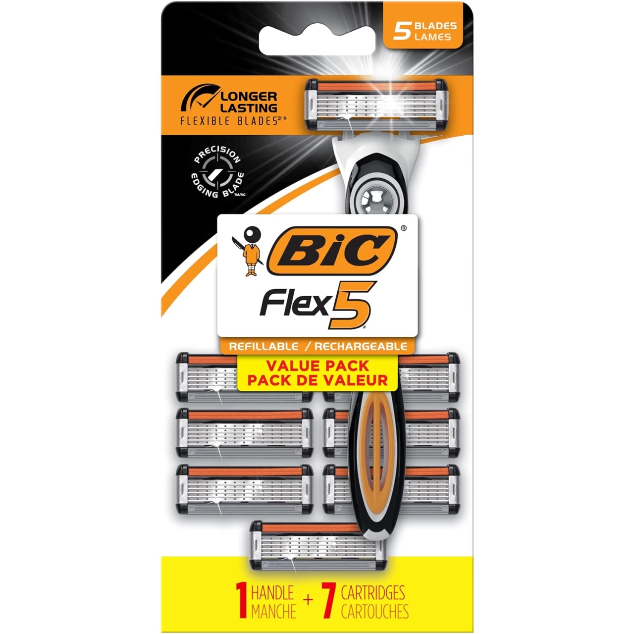 BIC Hybrid Flex 5 Titanium 5 Blade Disposable Razors for Men, 1 Handle and 7 Cartridges