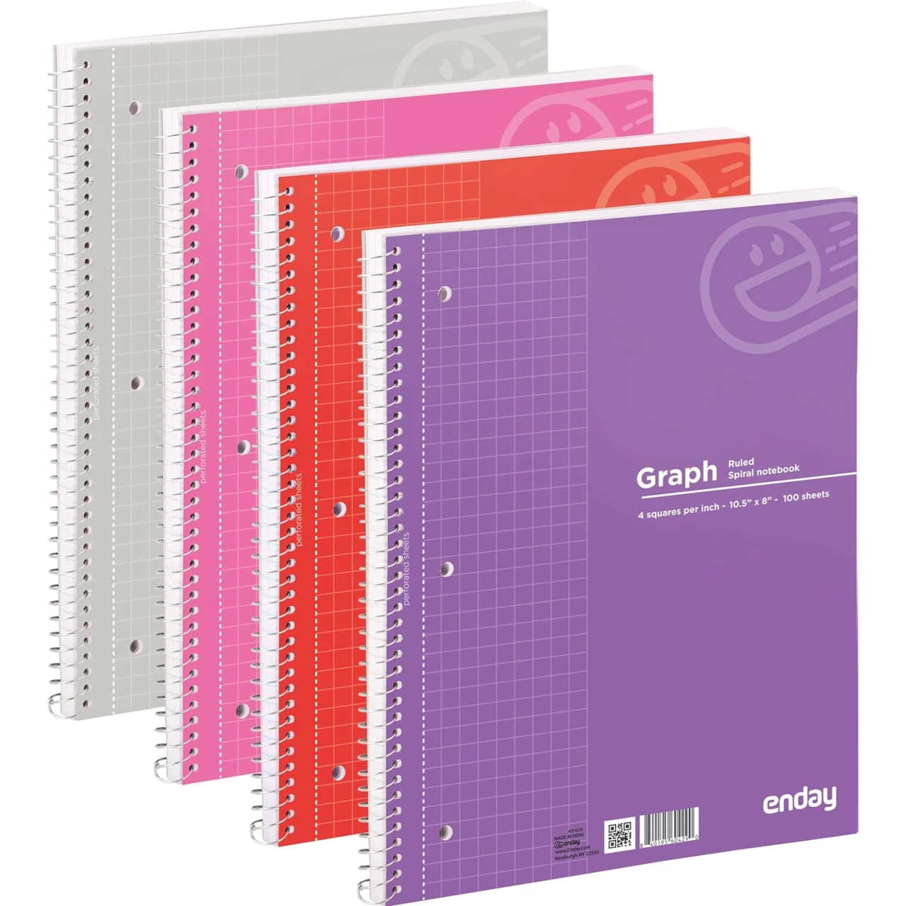 Emraw Graph Paper Notebook Quad Ruled Spiral Grid Notebook PACK Of 4 White Paper 100 Sheets Assorted Colors Wire Bound Graphing Books