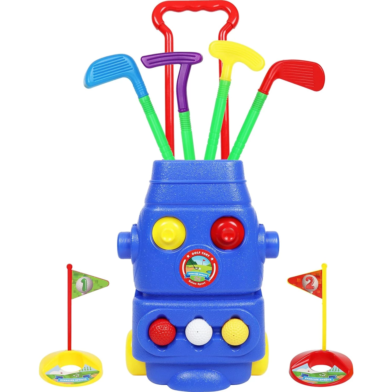 Kids Golf Set Golf Cart with Wheels | 4 Colorful Golf Clubs 3 Balls 2 Practice Holes with Flags &amp; 2 Golf Tees | Toddler Golf Set Sports Toy Kit for Boys &amp; Girls
