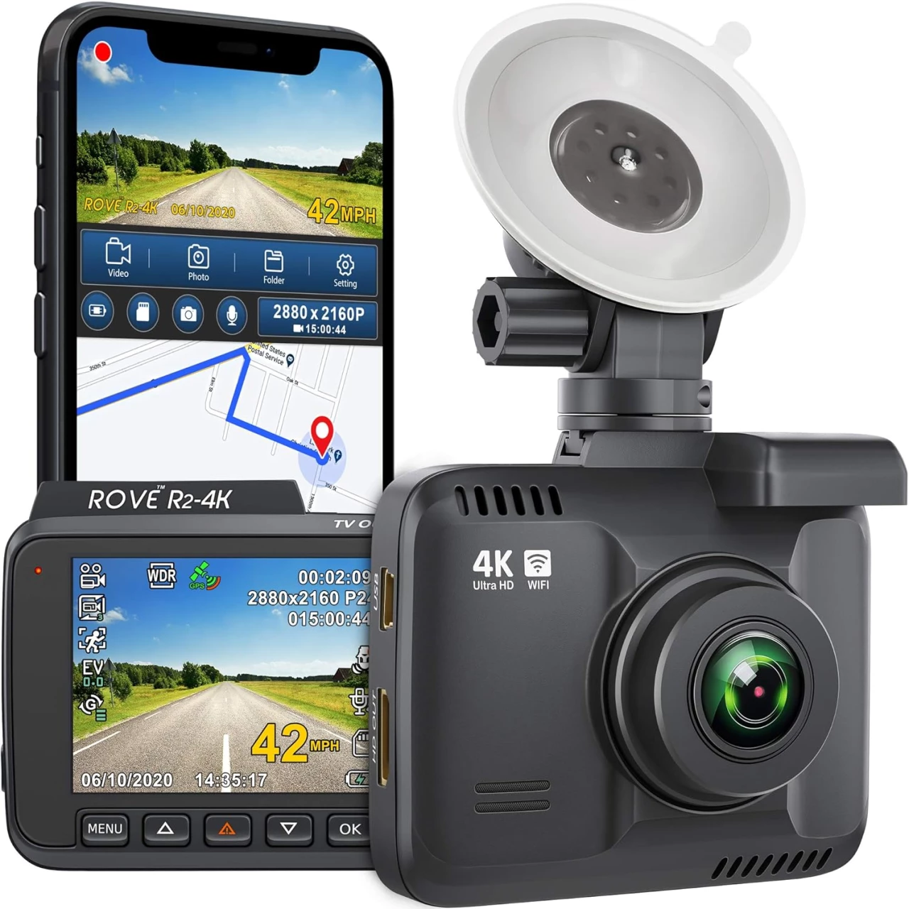 Rove R2-4K Dash Cam Built in WiFi GPS Car top Dashboard Camera Recorder with UHD 2160P, 2.4&quot; LCD, 150° Wide Angle, WDR, Night Vision
