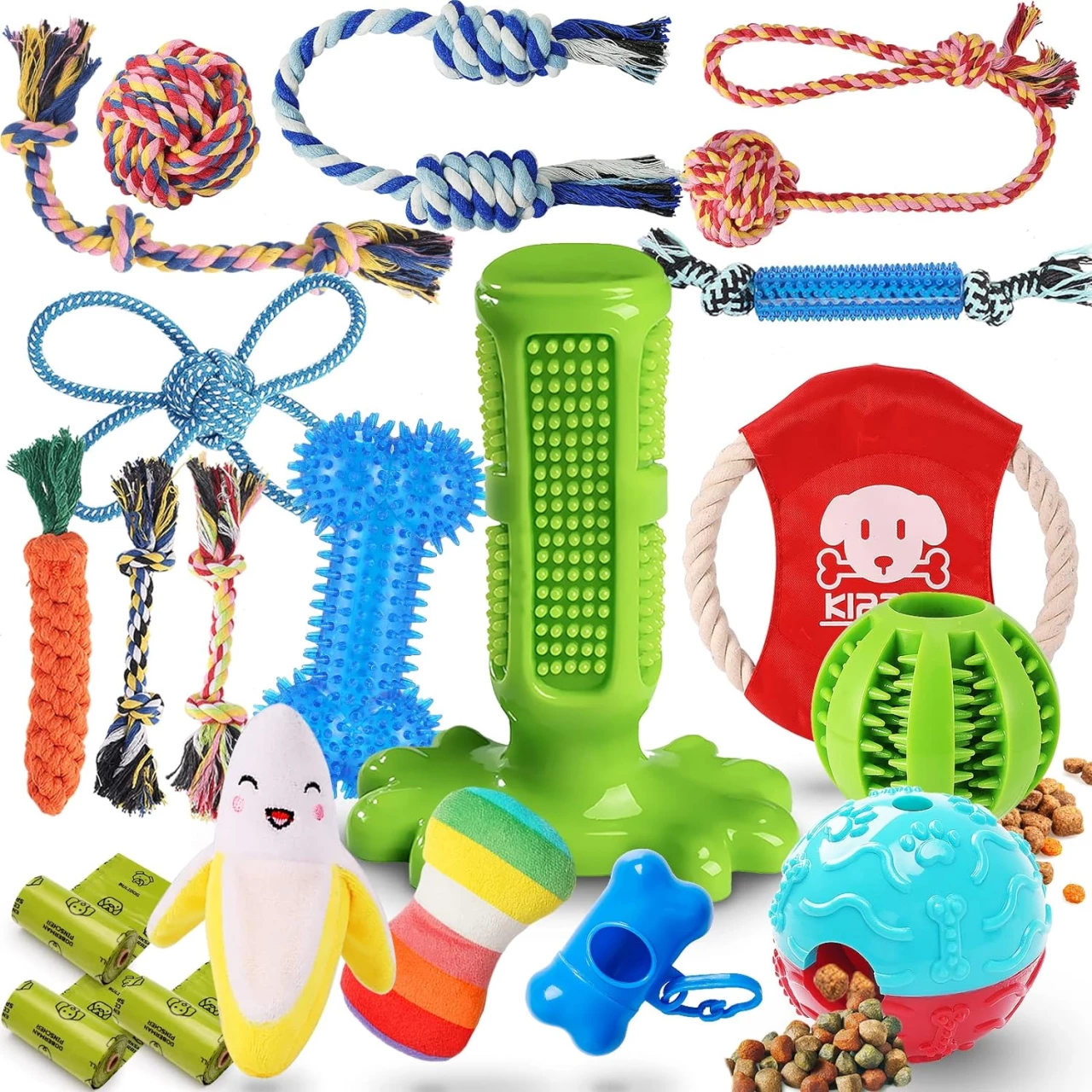 KIPRITII Dog Chew Toys for Puppy - 20 Pack Puppies Teething Chew Toys for Boredom, Pet Dog Toothbrush Chew Toys with Rope Toys, Treat Balls and Dog Squeaky Toy for Puppy and Small Dogs